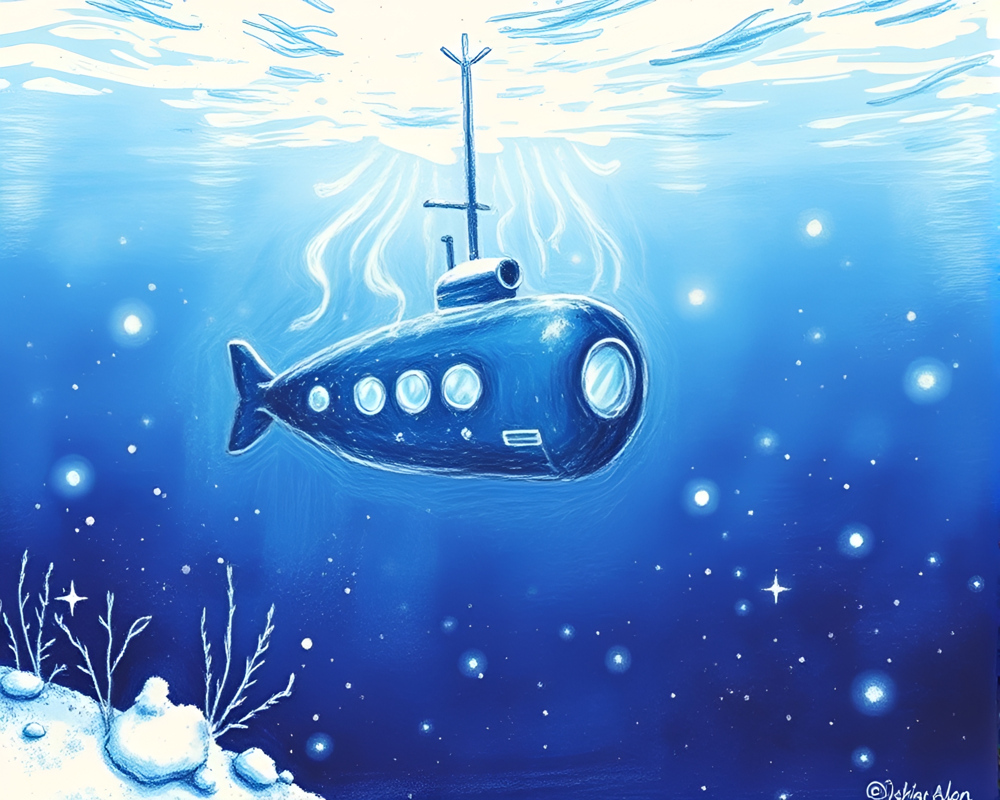 Chrome Reflection of Snow-Kissed Submarine Underwater – free AI stock image