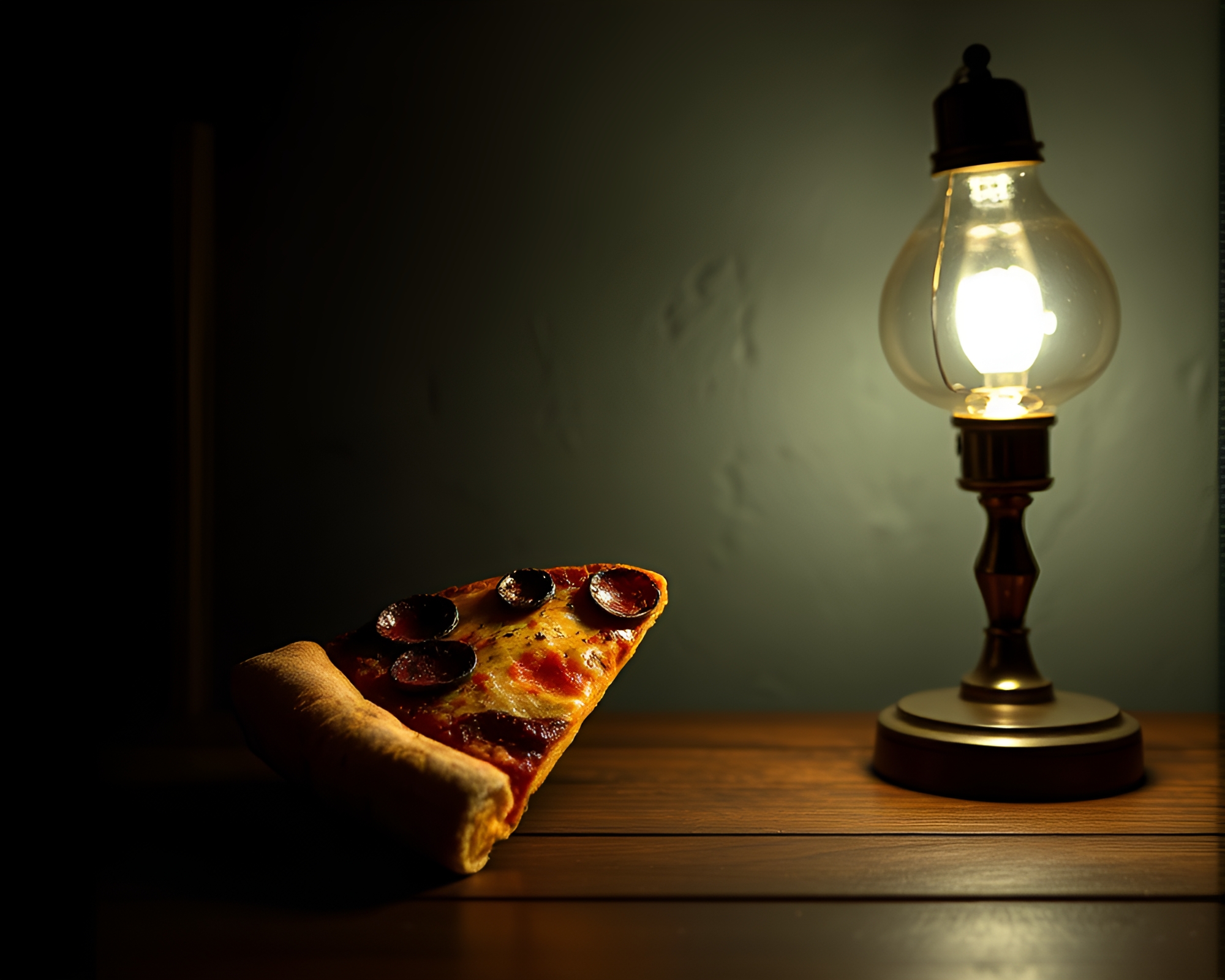 Pizza Slice in Library Lamp Light Grain Overlay – free AI stock image