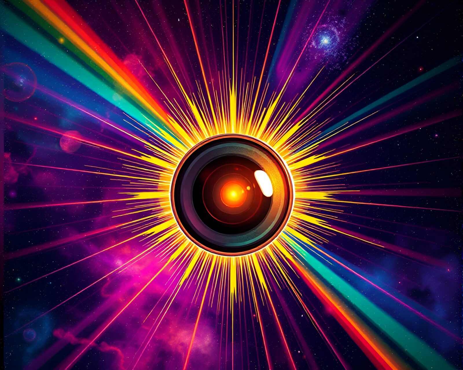 Vibrant, fantasy manga illustration of an oasis with cosmic rainbow lighting