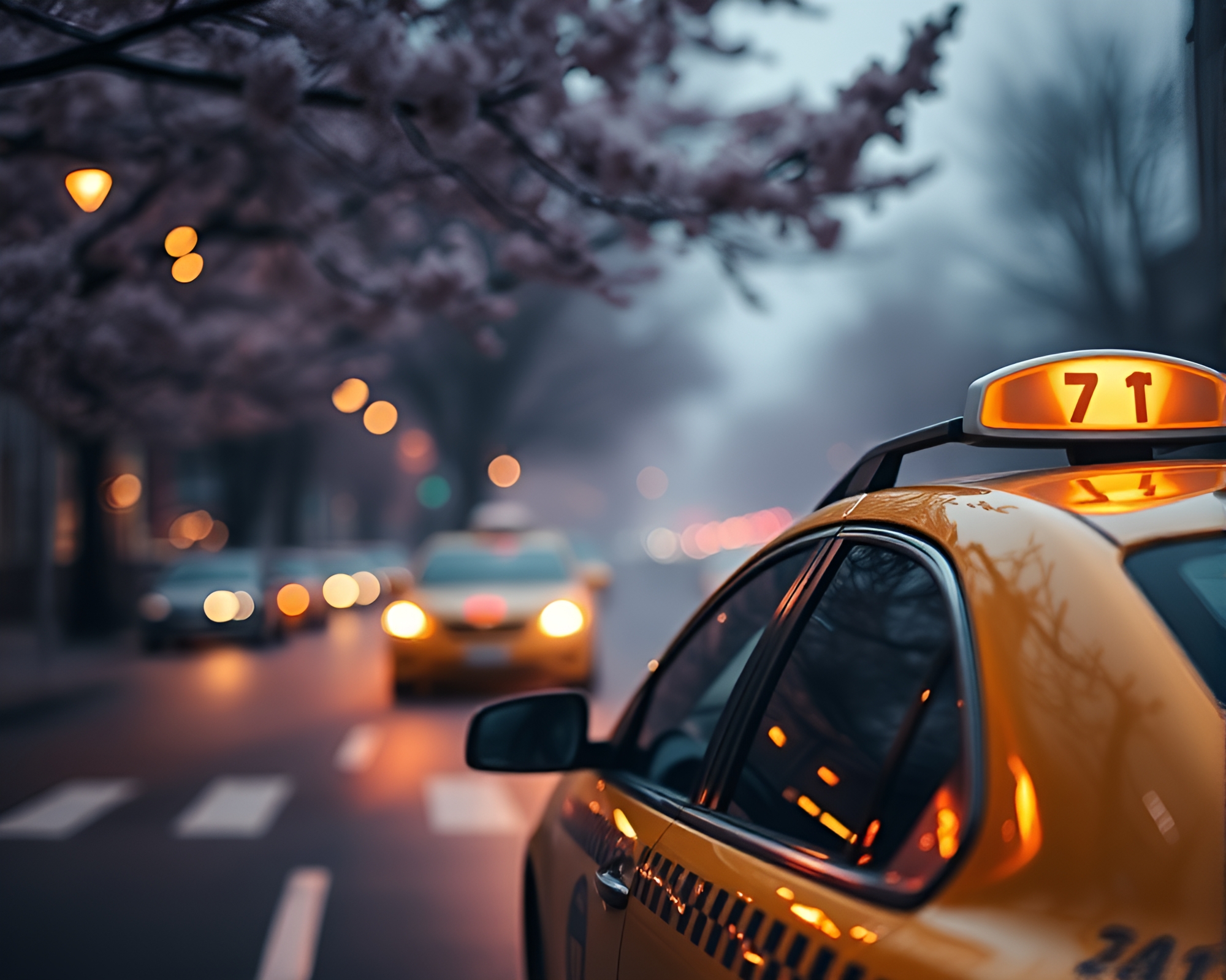 Spring Blossom Taxi in Smoky Candlelit Blur – free AI stock image