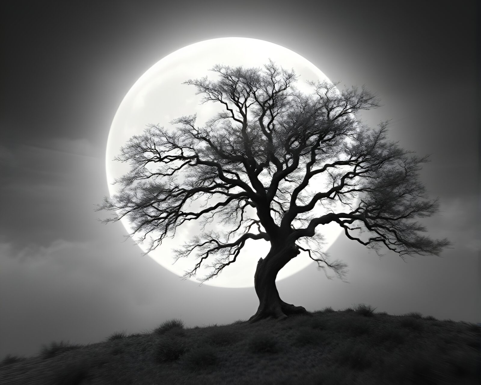 Ethereal ancient tree surrounded by lunar grayscale atmosphere