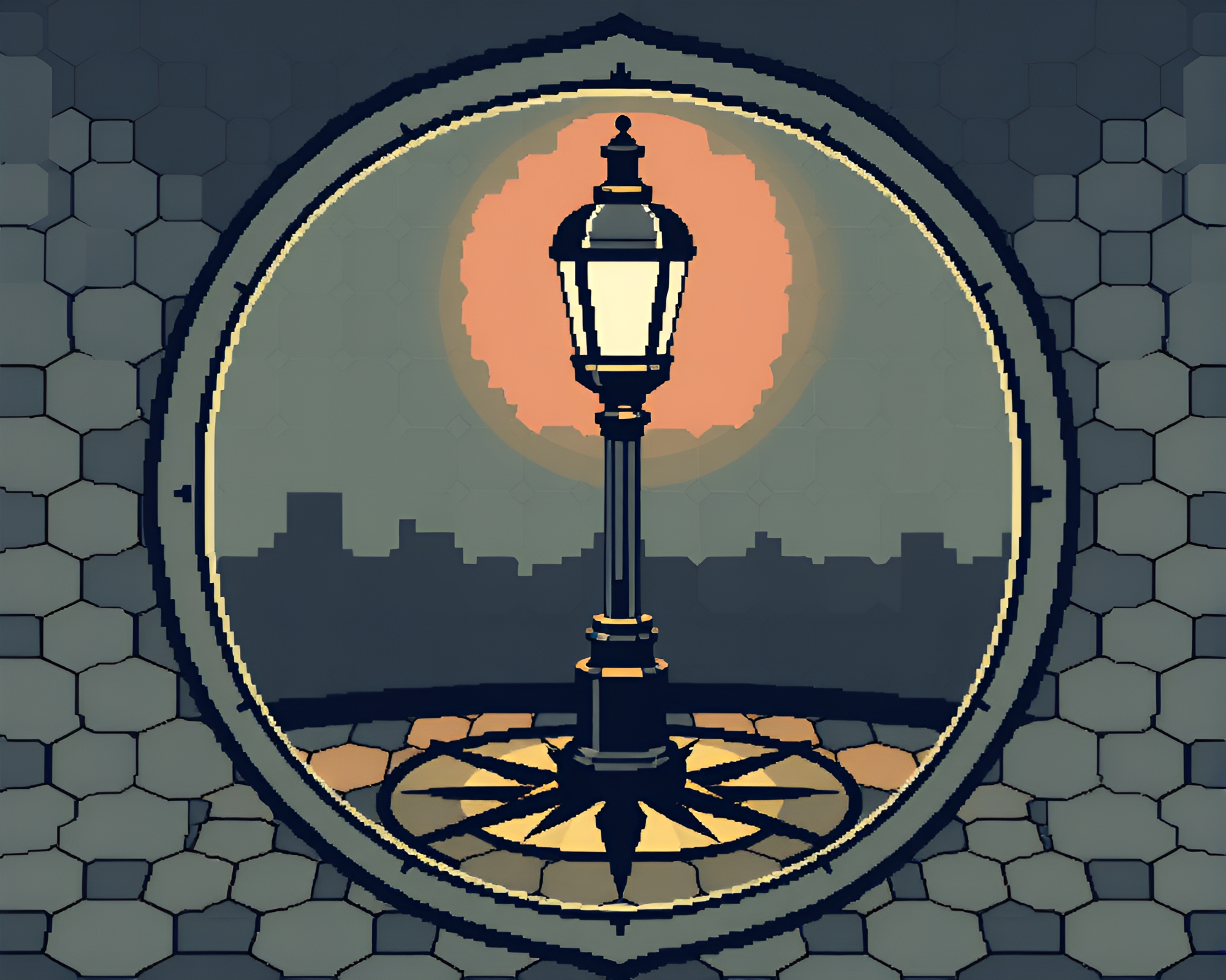 Antique Compass Hexagonal Streetlamp Pixel Art Composition – free AI stock image