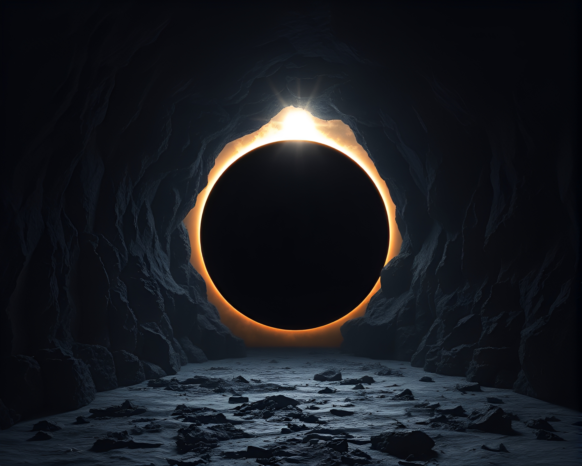 Charcoal Solar Eclipse at Cave Entrance – free AI stock image