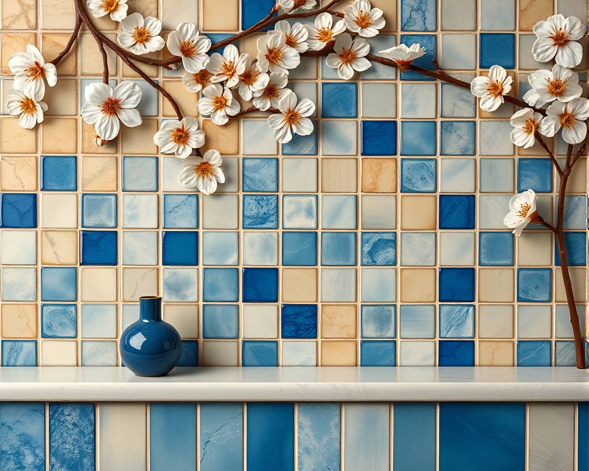 Spring Blossom Mosaic: Cobalt Blue Accents in Sepia Tone – free AI stock image