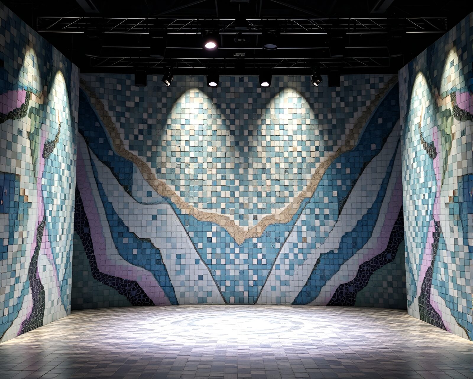 Colorful mosaic tiling of a glacier under stage spotlight