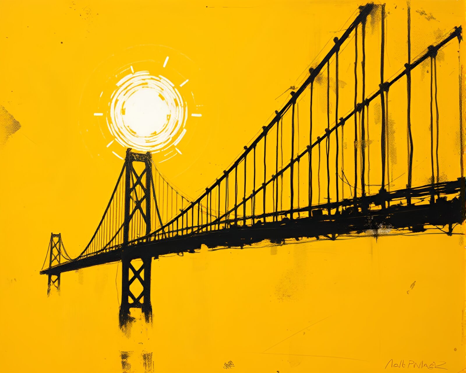 Expressionist painting of a suspension bridge in yellow hues