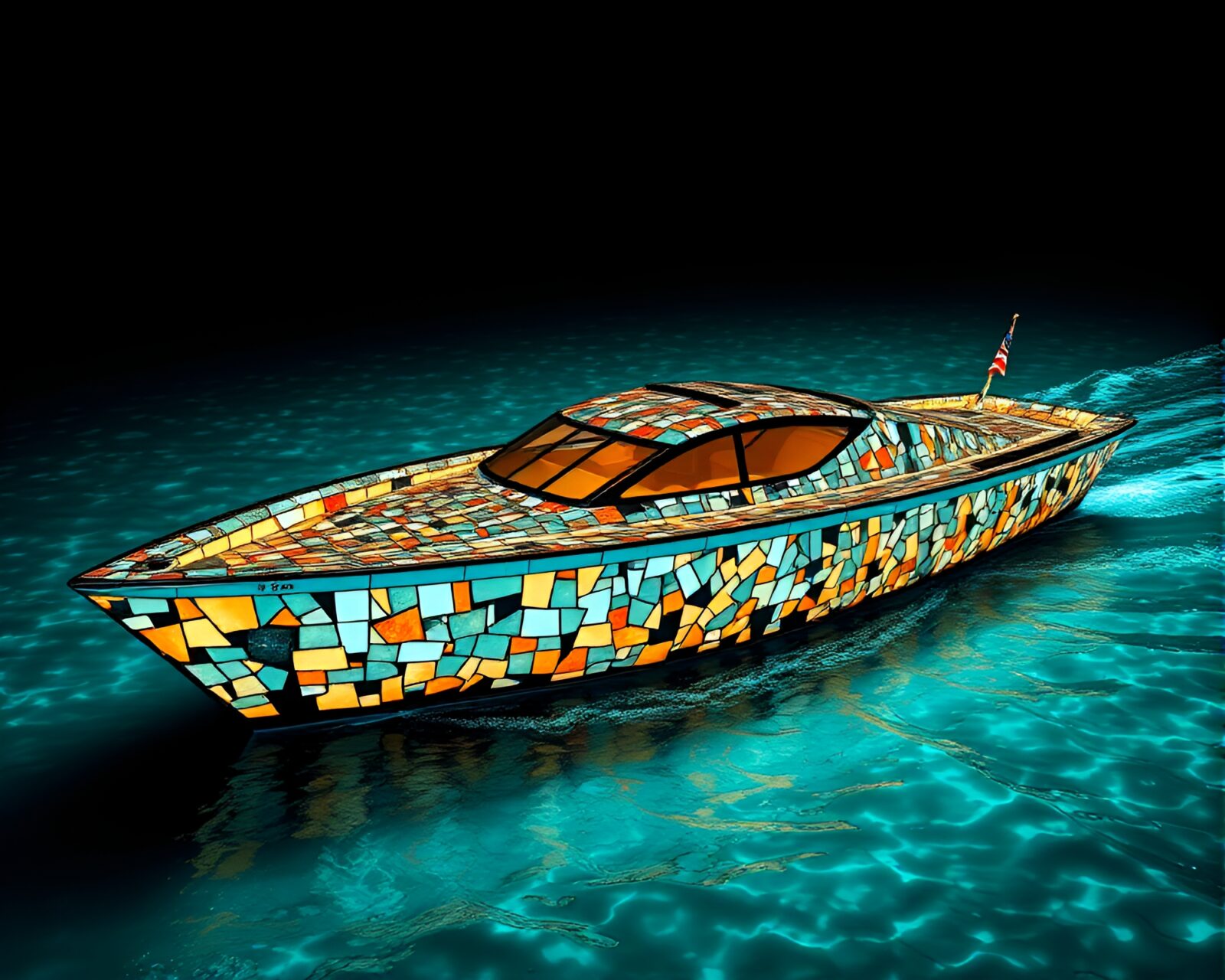 Skeuomorphic mosaic of a hydrofoil boat glowing in the dark