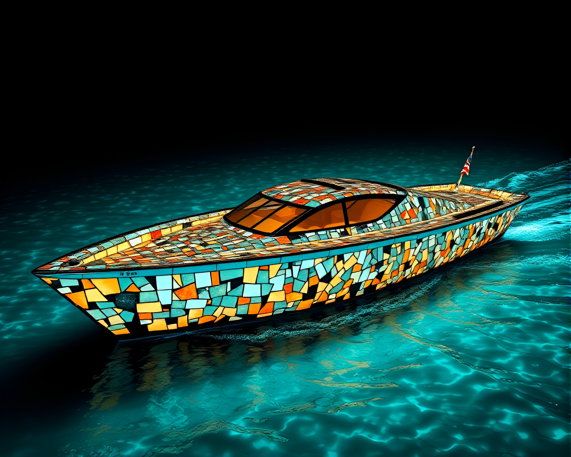 Fragmented Glow: Hydrofoil Boat Mosaic – free AI stock image