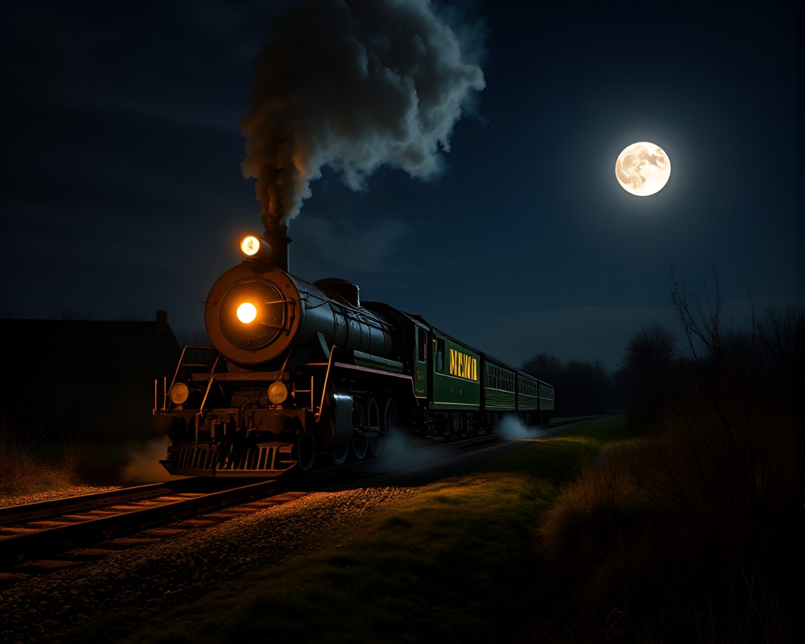 Vintage steam train on railway tracks lit by moon