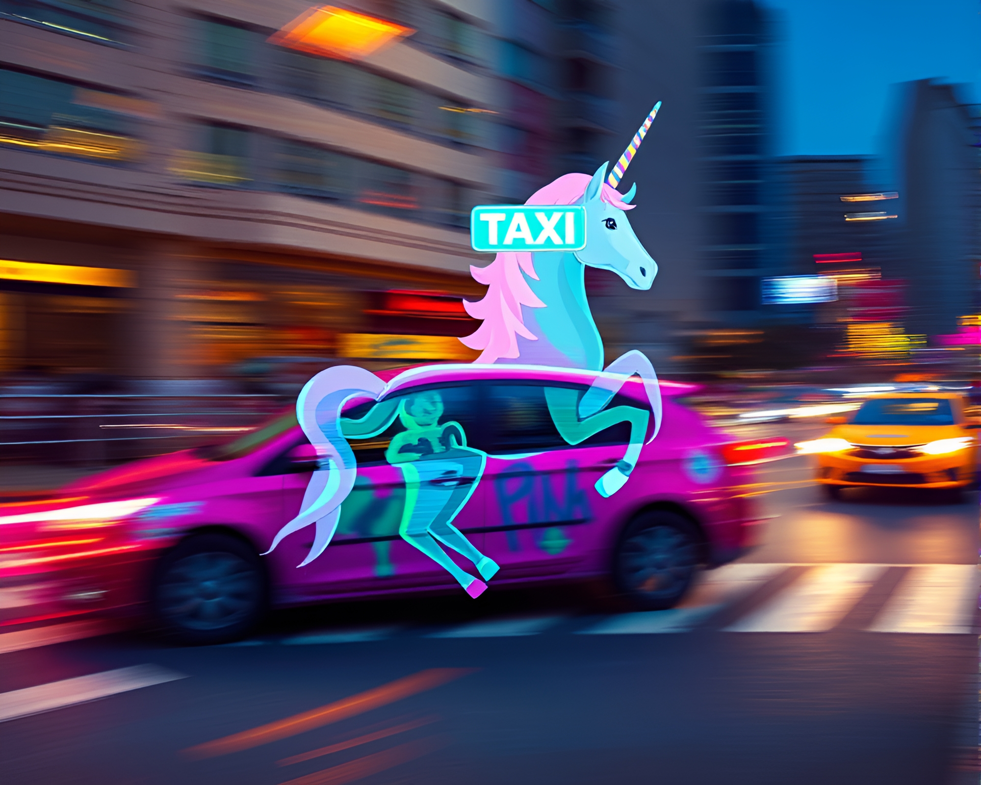 Urban Unicorn: Taxi Streaks & Pastel Graffiti – free AI stock image