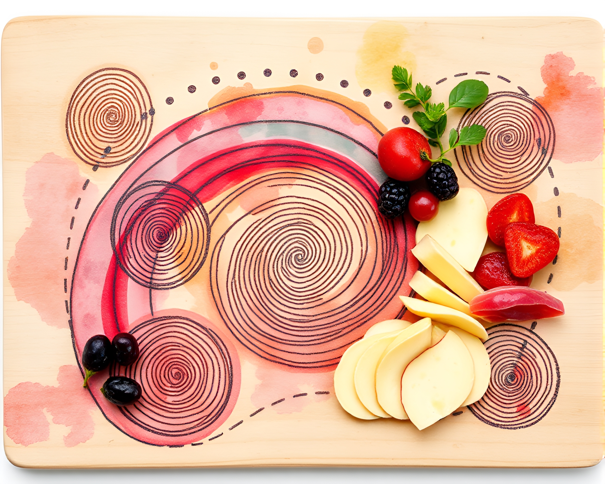 Swirling fingerprint Charcuterie Board in mosaic watercolors – free AI stock image