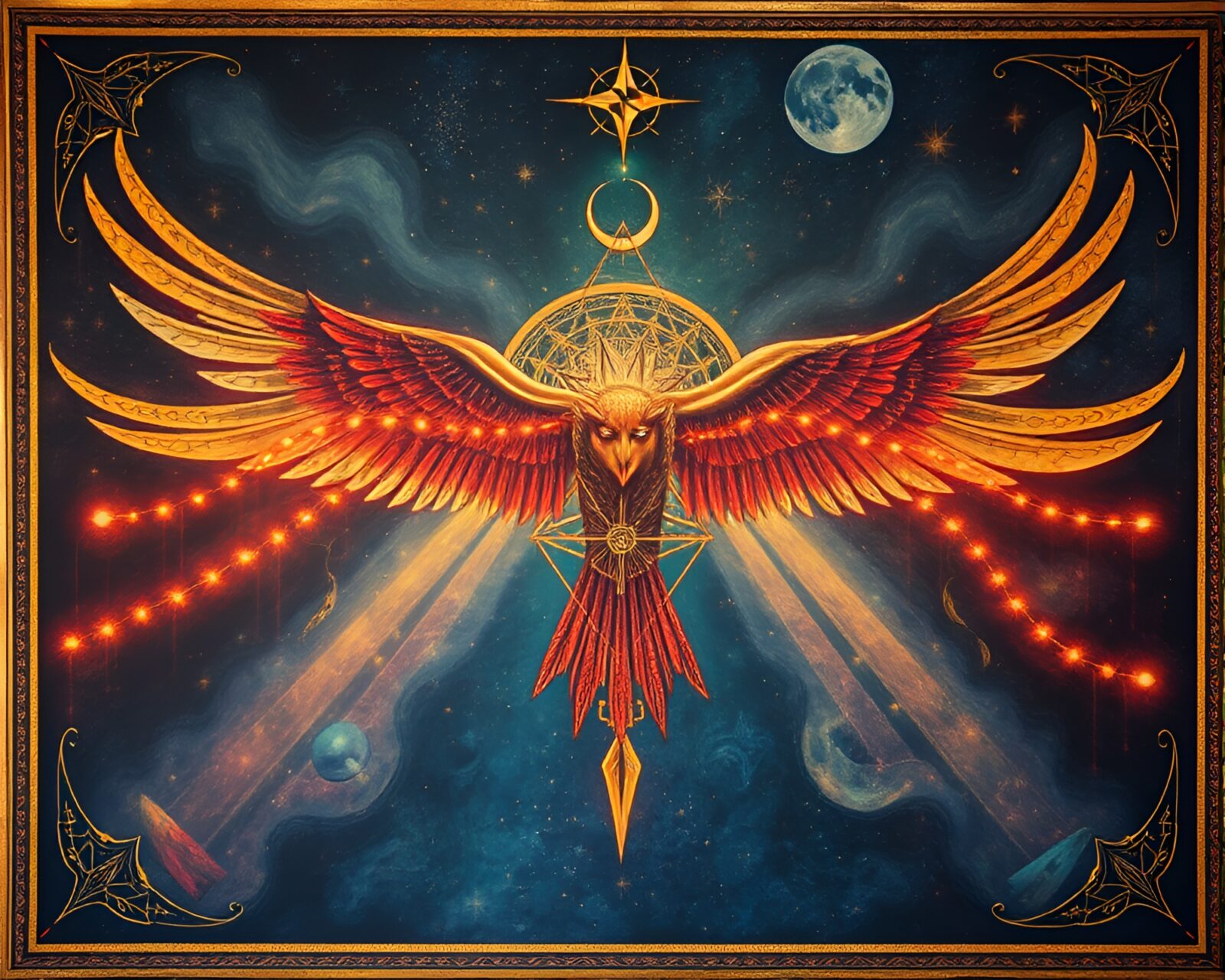 Bird's eye view of carnival lights illuminating mystical sigils