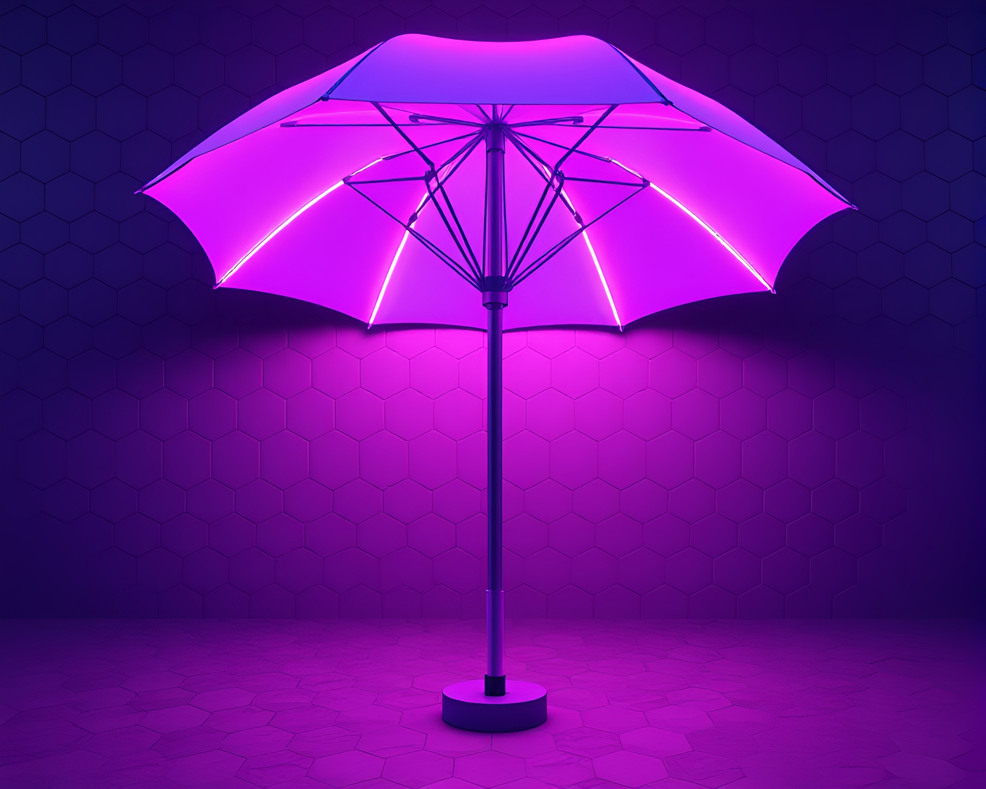 Neon-lit umbrella in low-poly 3D hexagonal tiling – free AI stock image