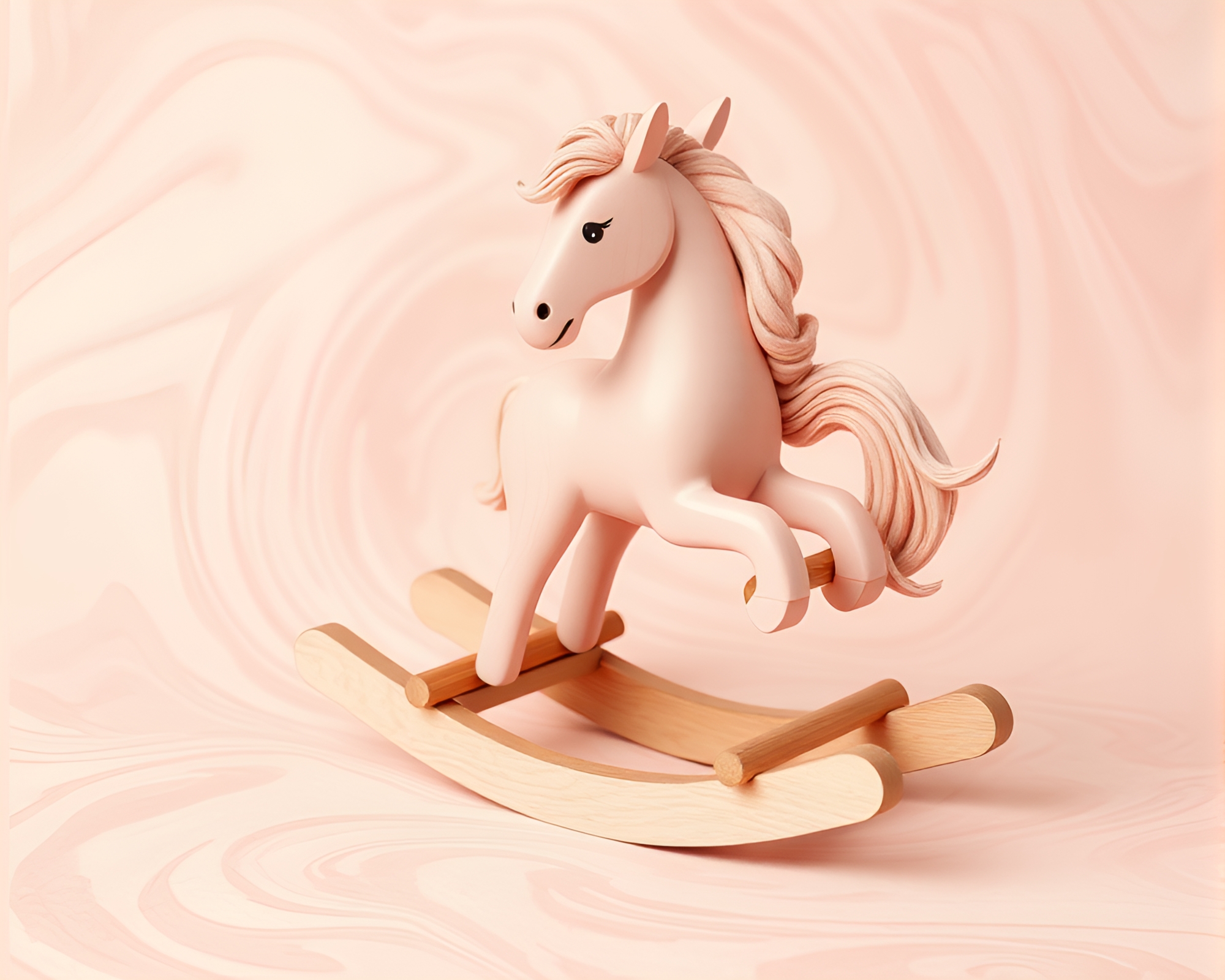 Enchanted Wooden Rocking Horse in Blush Pink Vortex – free AI stock image
