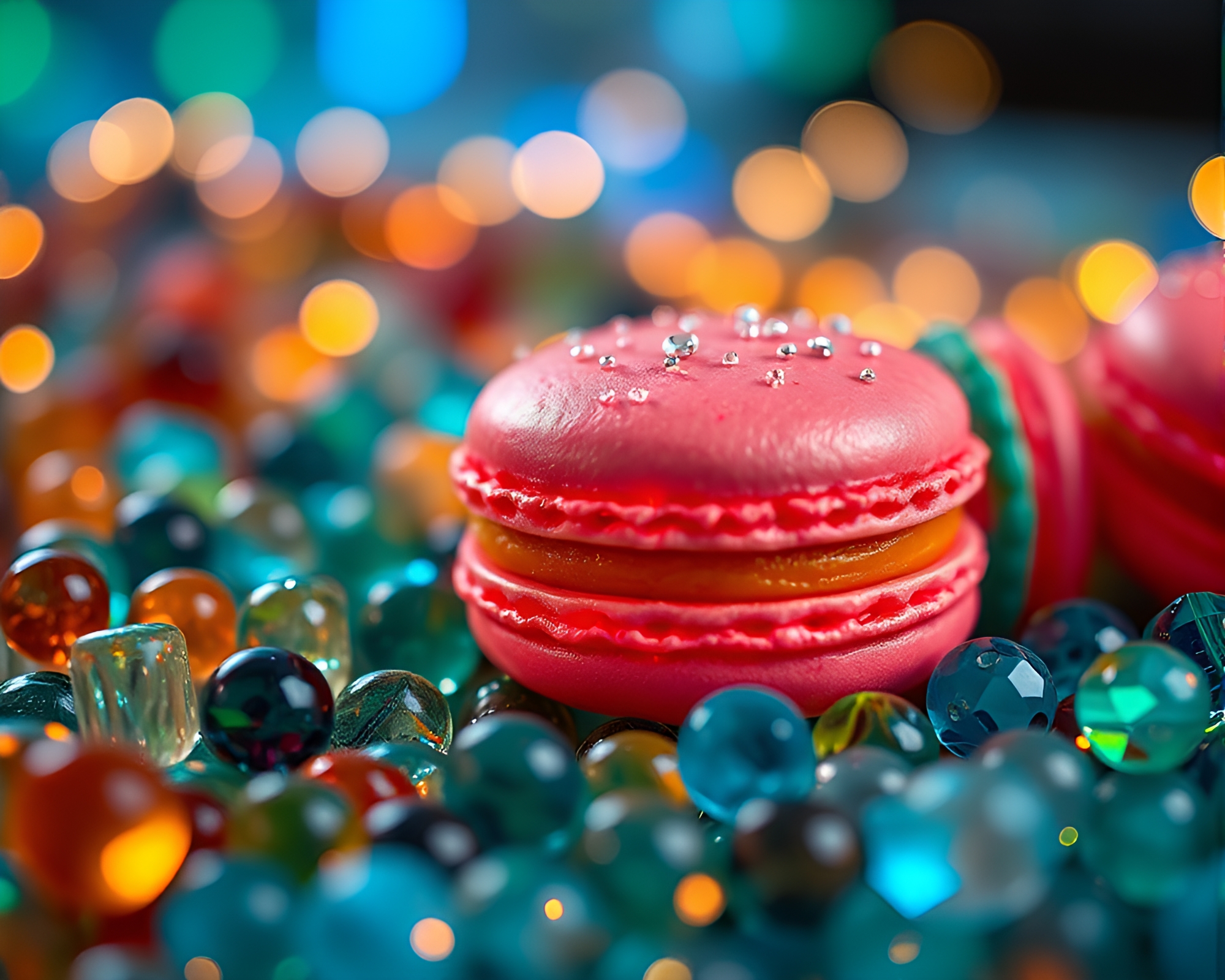 Glistening Macaron Array Behind Rain-Streaked Glass – free AI stock image