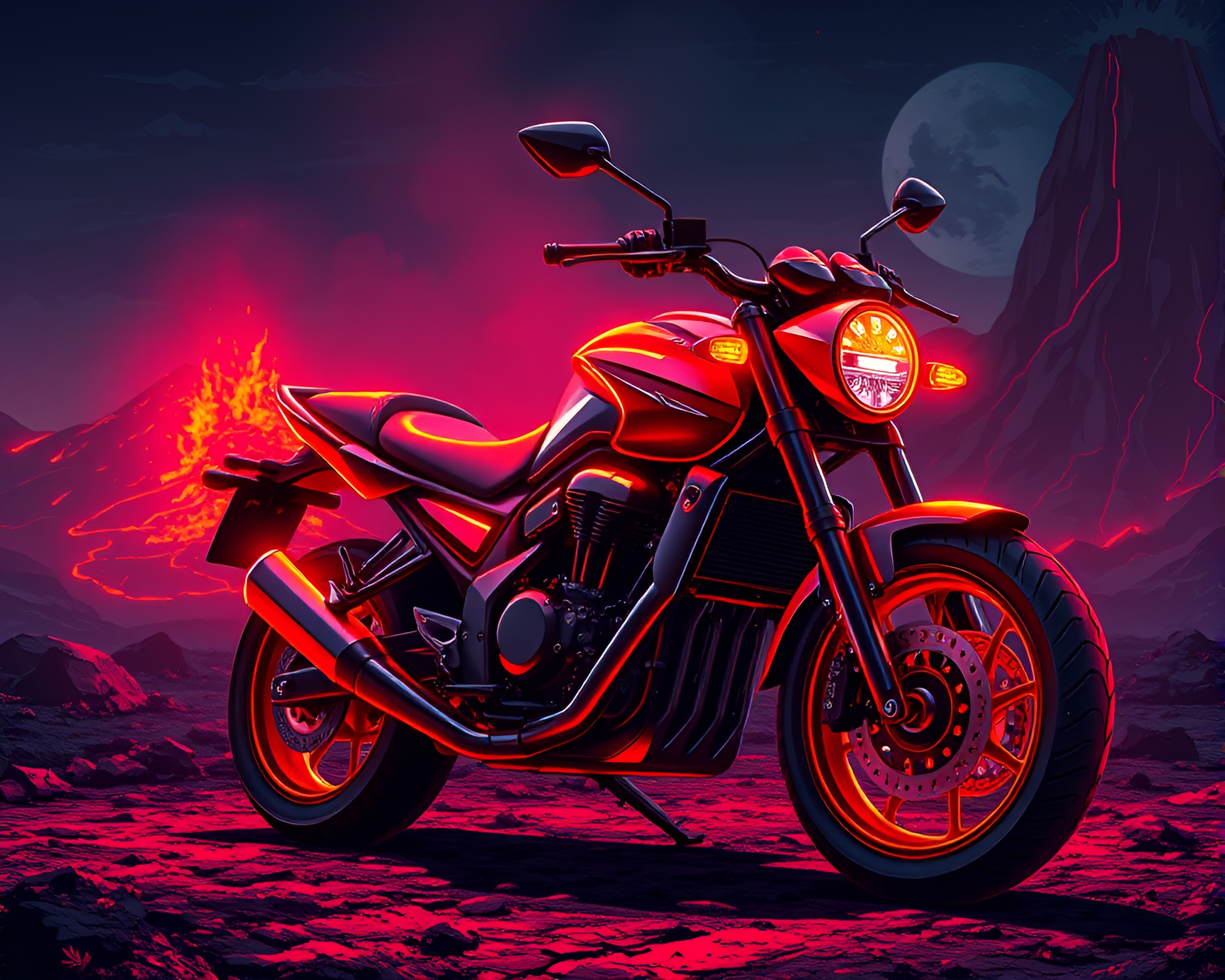 Gilded Neon Motorcycle in Volcano-Red Pixel Art – free AI stock image