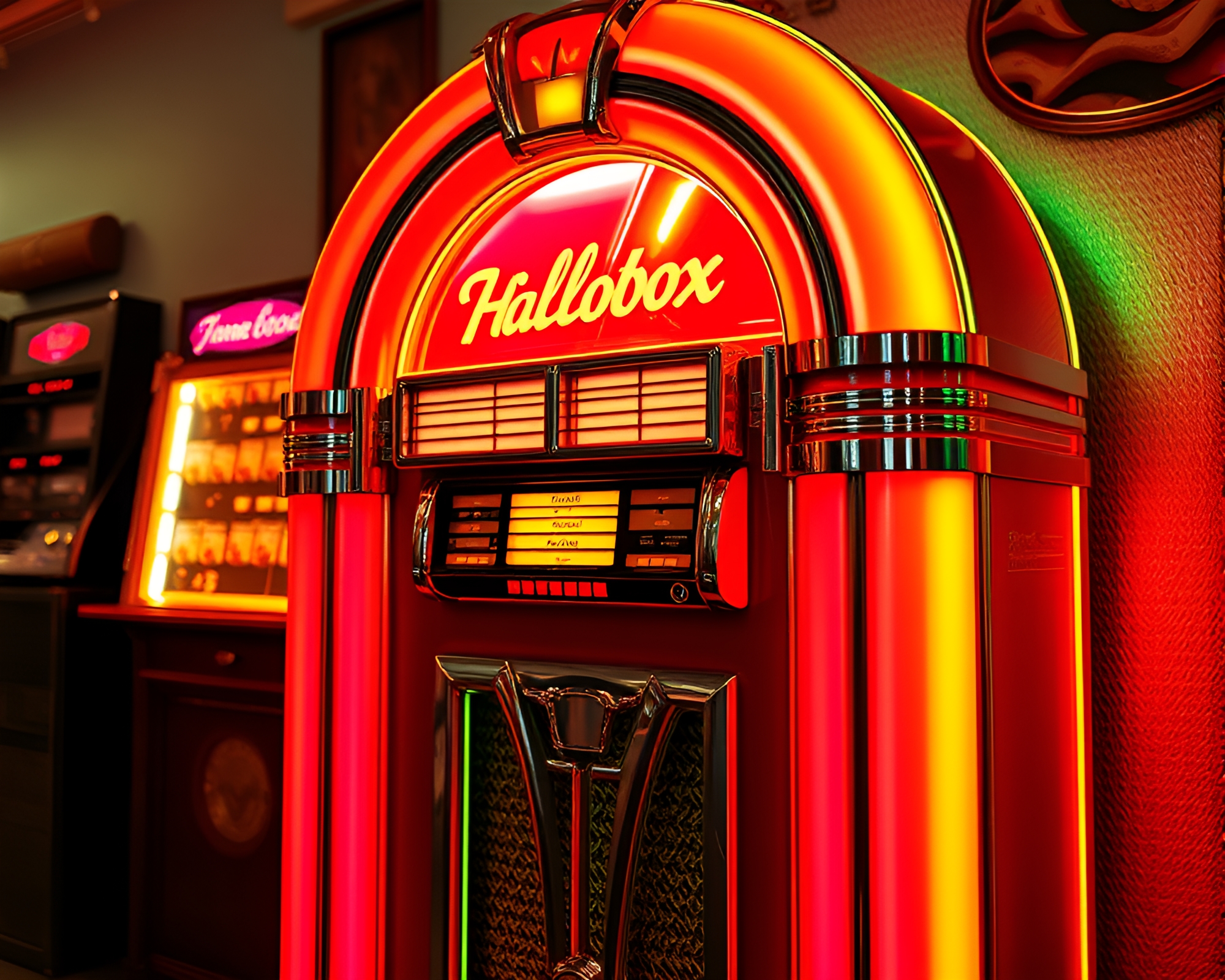 Vintage Jukebox Illuminated with Gilded Neon Glow – free AI stock image