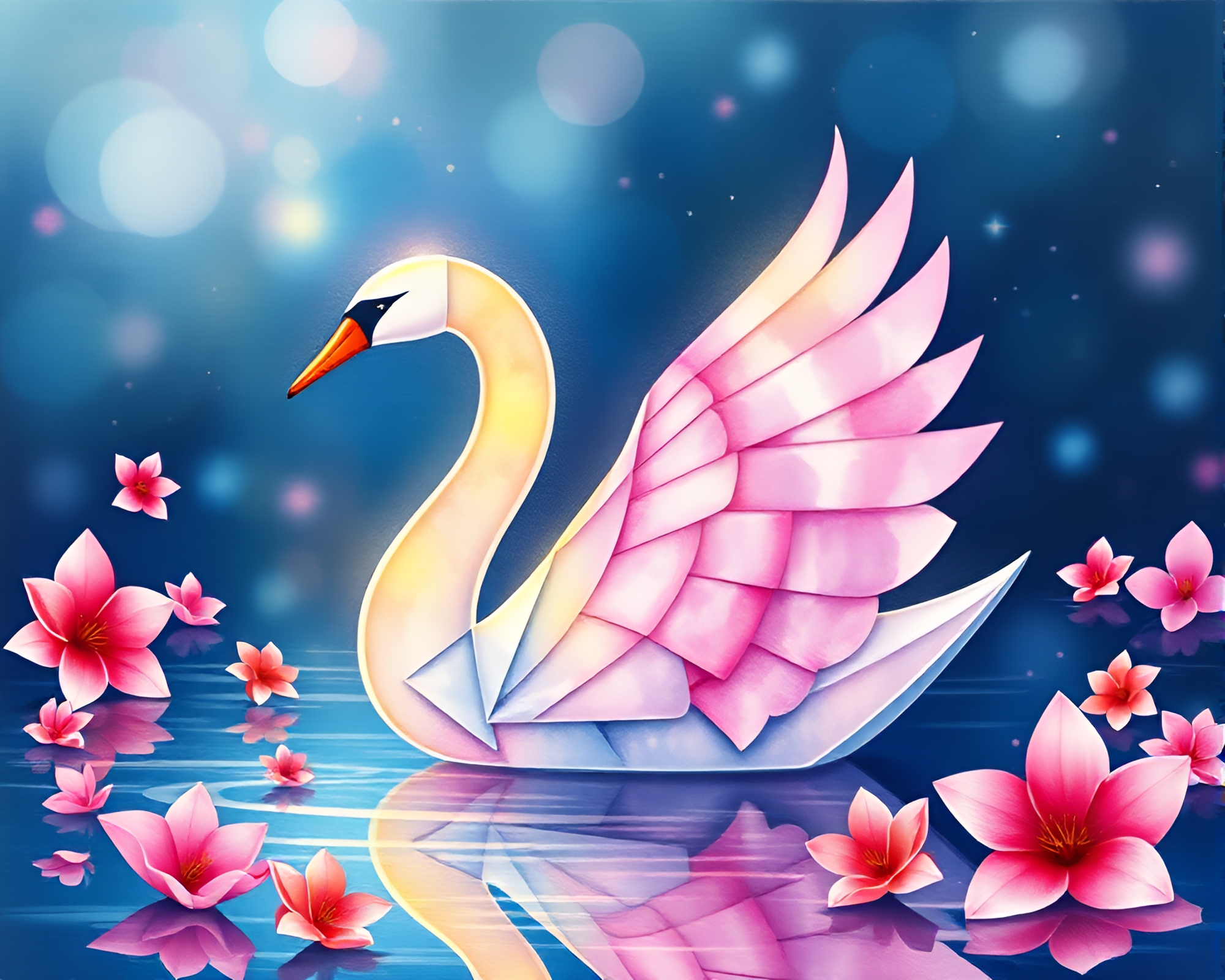 Enchanting Origami Swan Watercolor Blooms Torchlight Glow – free AI stock image