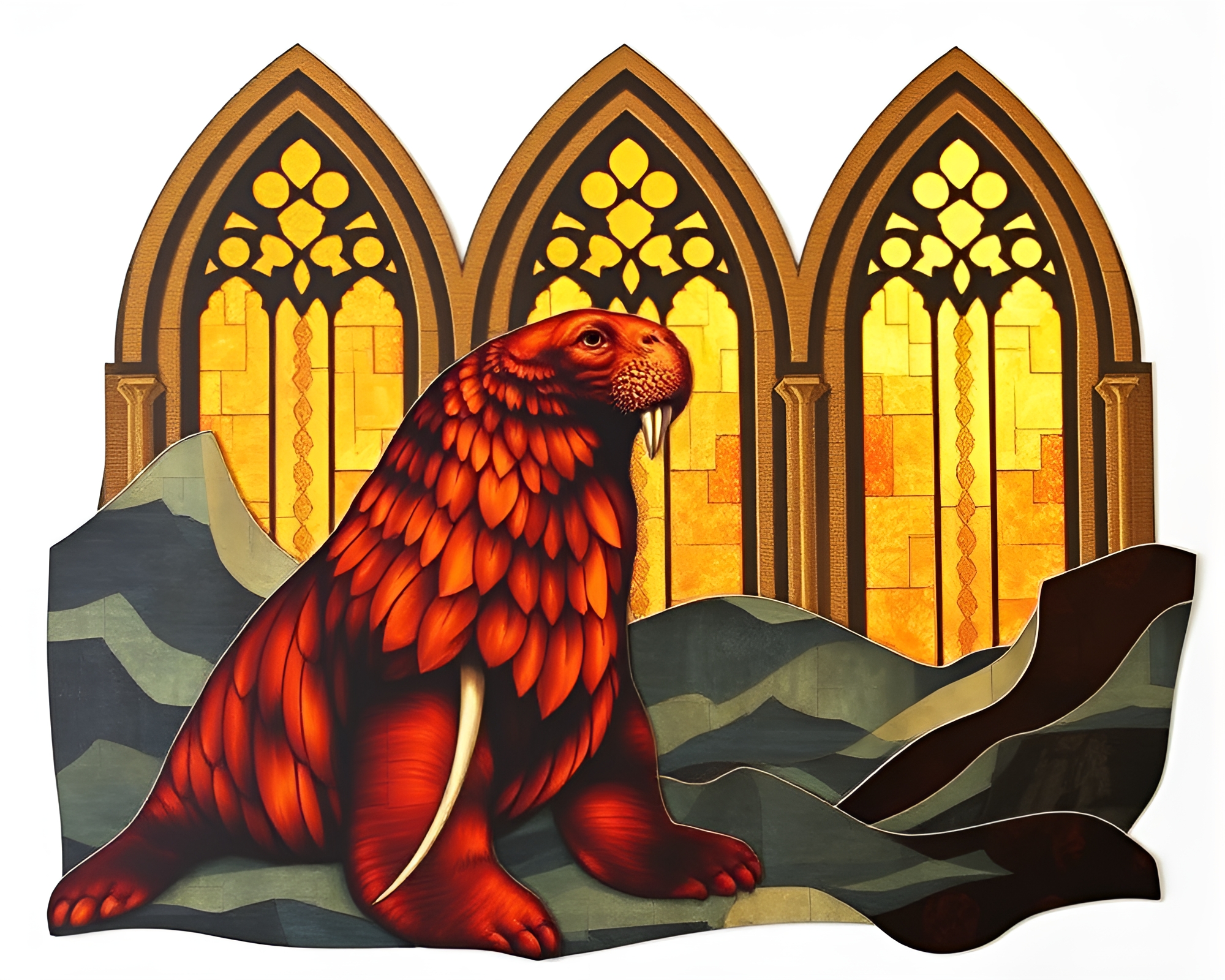 AI Walrus Collage Basking in Stained Cathedral Light – free AI stock image