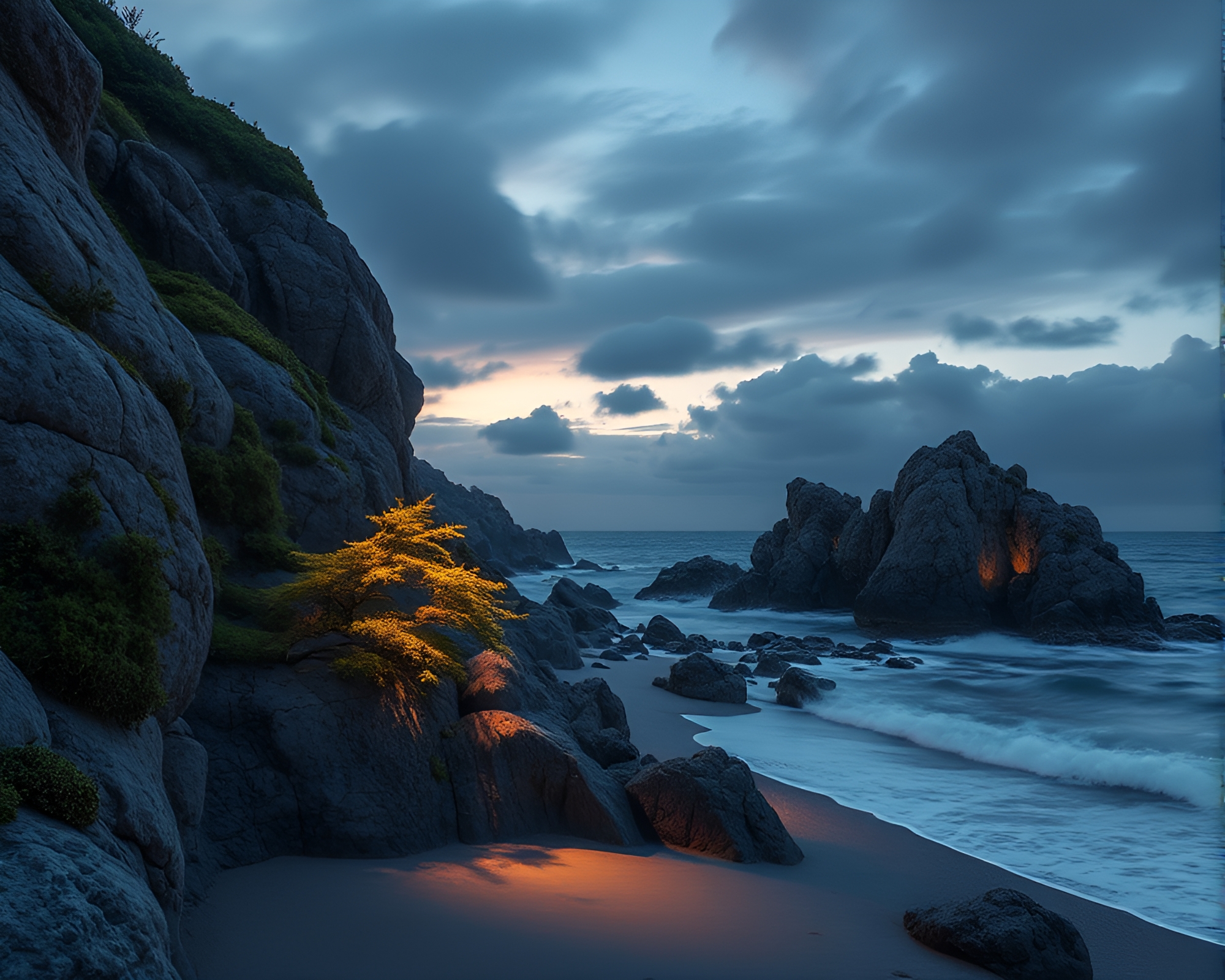 Rim-Lit Beachscape with Lichen Textured Architecture – free AI stock image