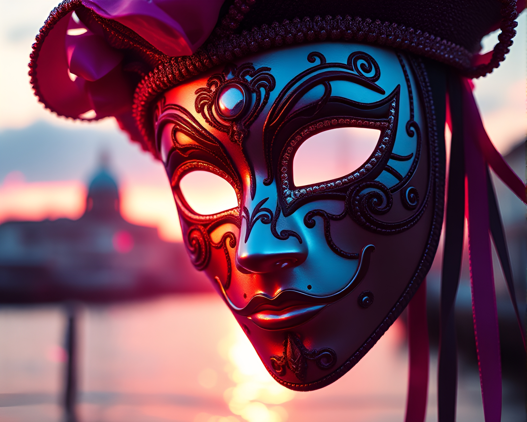 Venetian Mask at Sunrise with Chromatic Aberration – free AI stock image