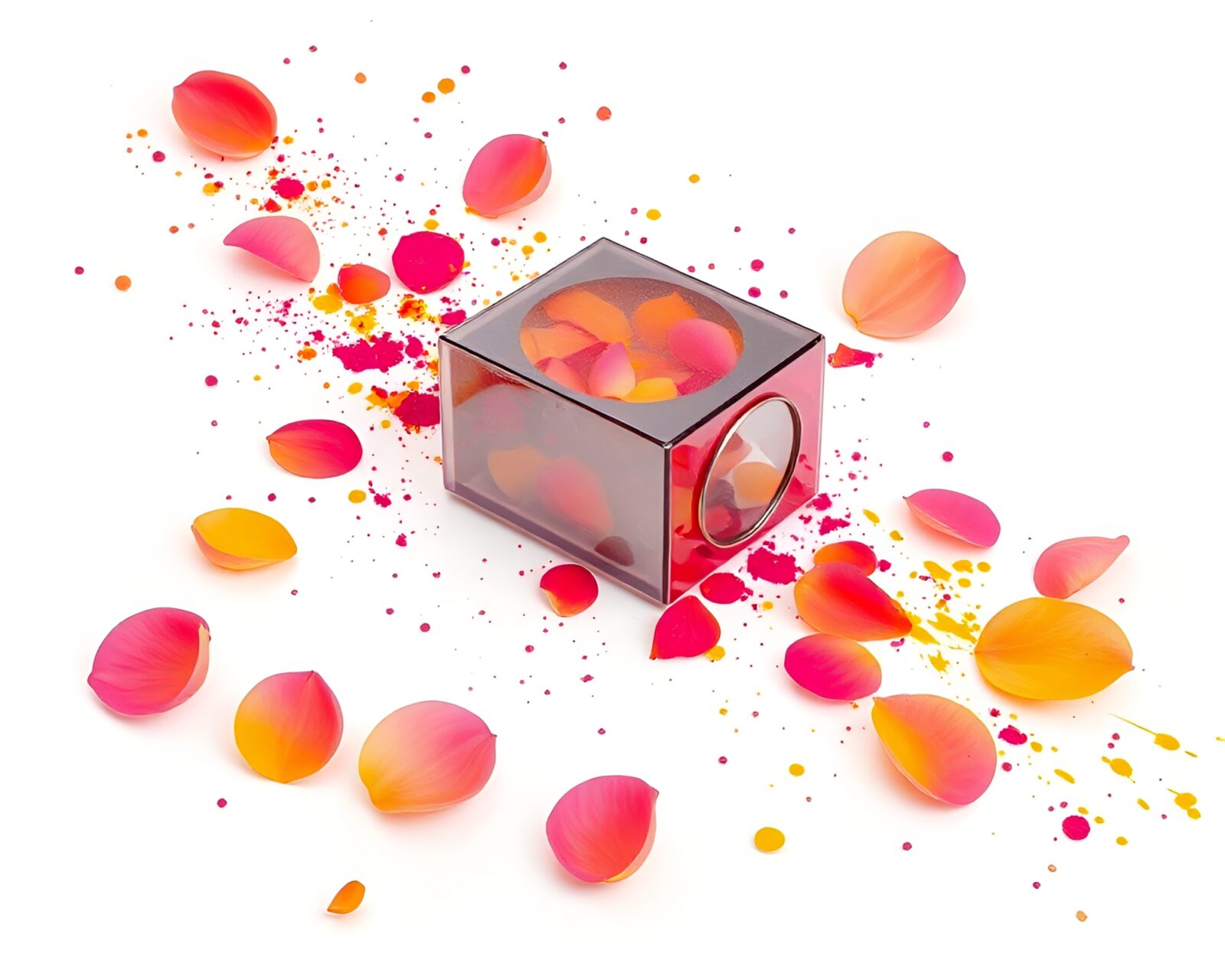 Vibrant flower petals swirling around a quantum device in paint splatter palette setting