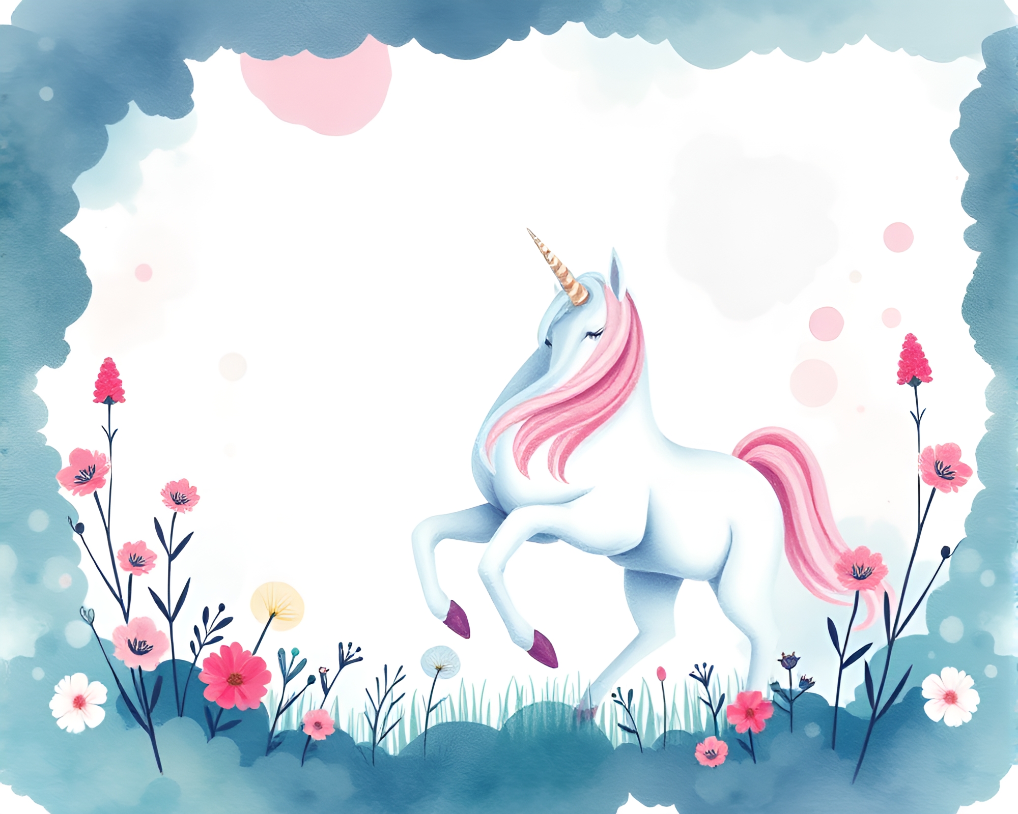 Majestic Unicorn Border Watercolor Illustration – free AI stock image