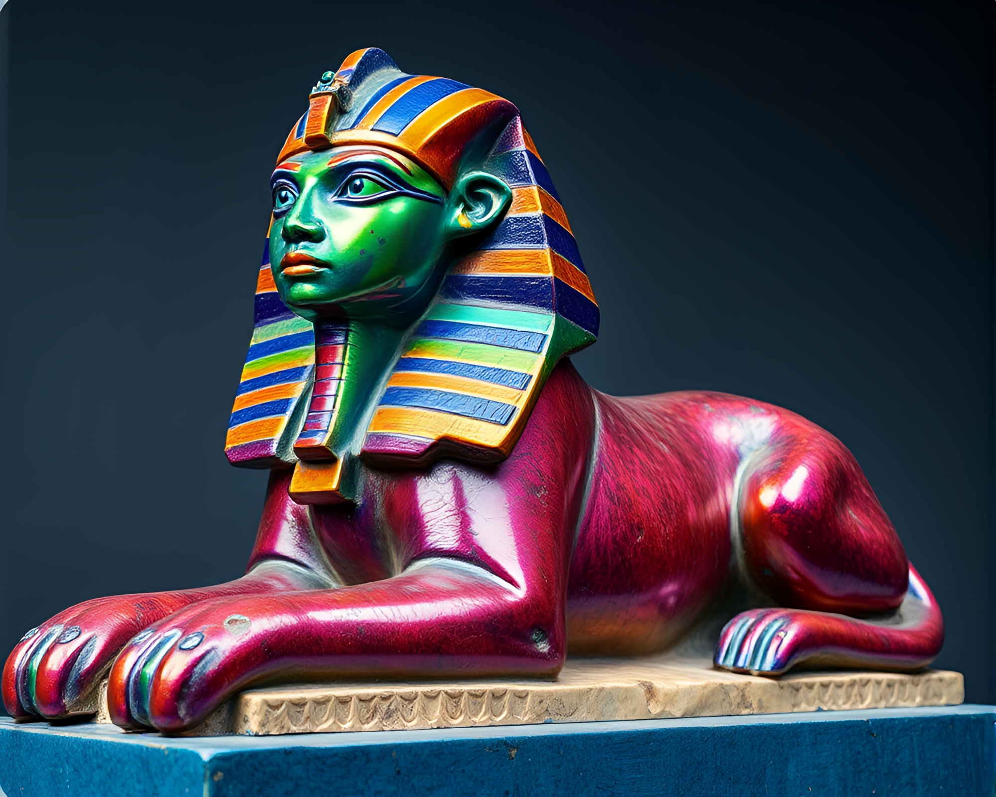 Mystical Sphinx Statue in Cobalt Blue Oil Slick Rainbow – free AI stock image