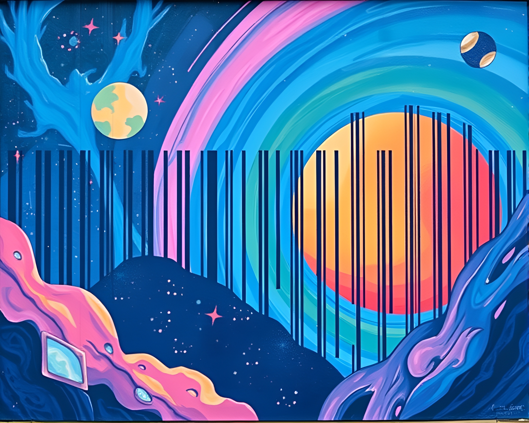 Barcode Striped Space Habitat Mural – free AI stock image