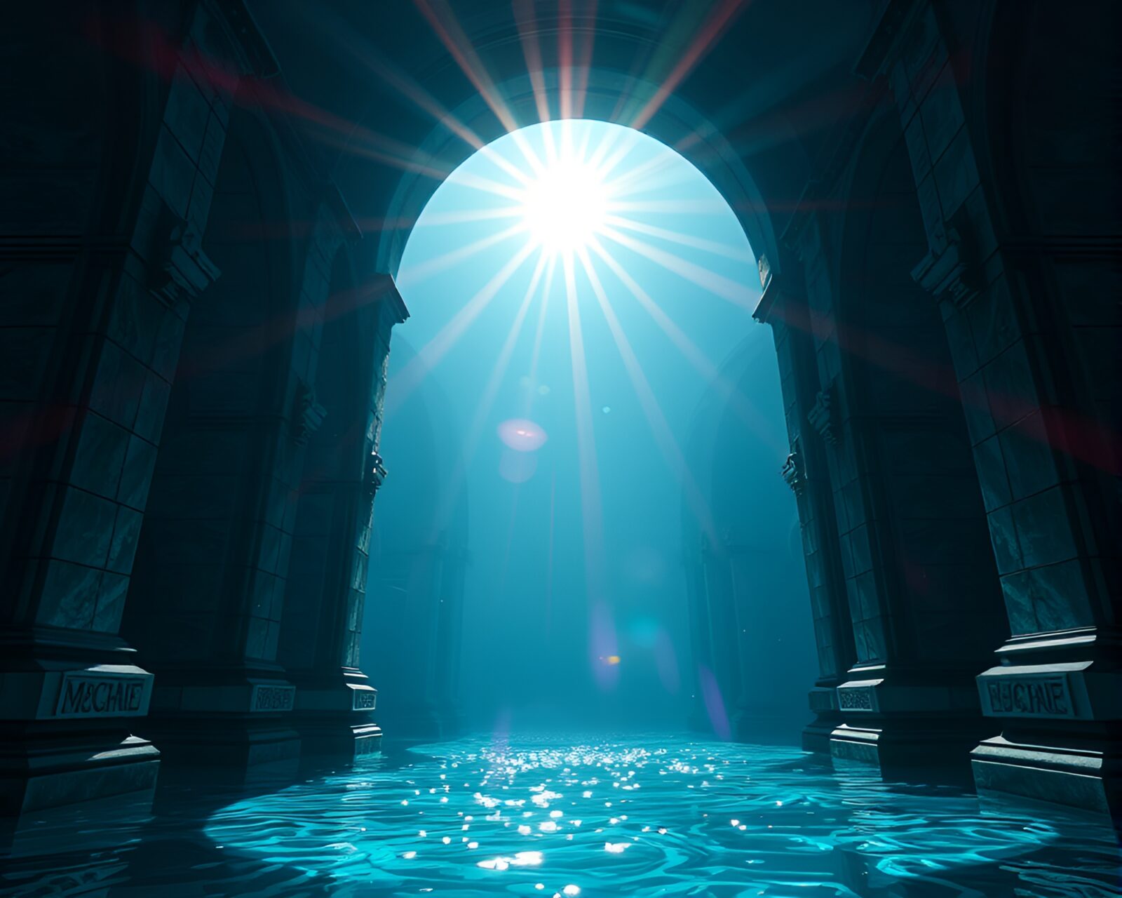 Matte painted image of a mystical mermaid with lens flare bursts