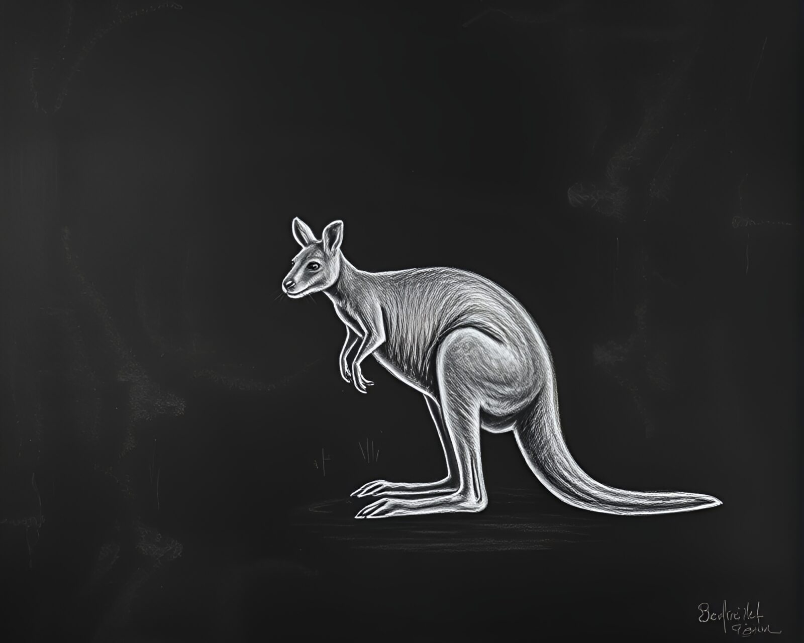 Off-center kangaroo spotlighted in intricate chalk style art