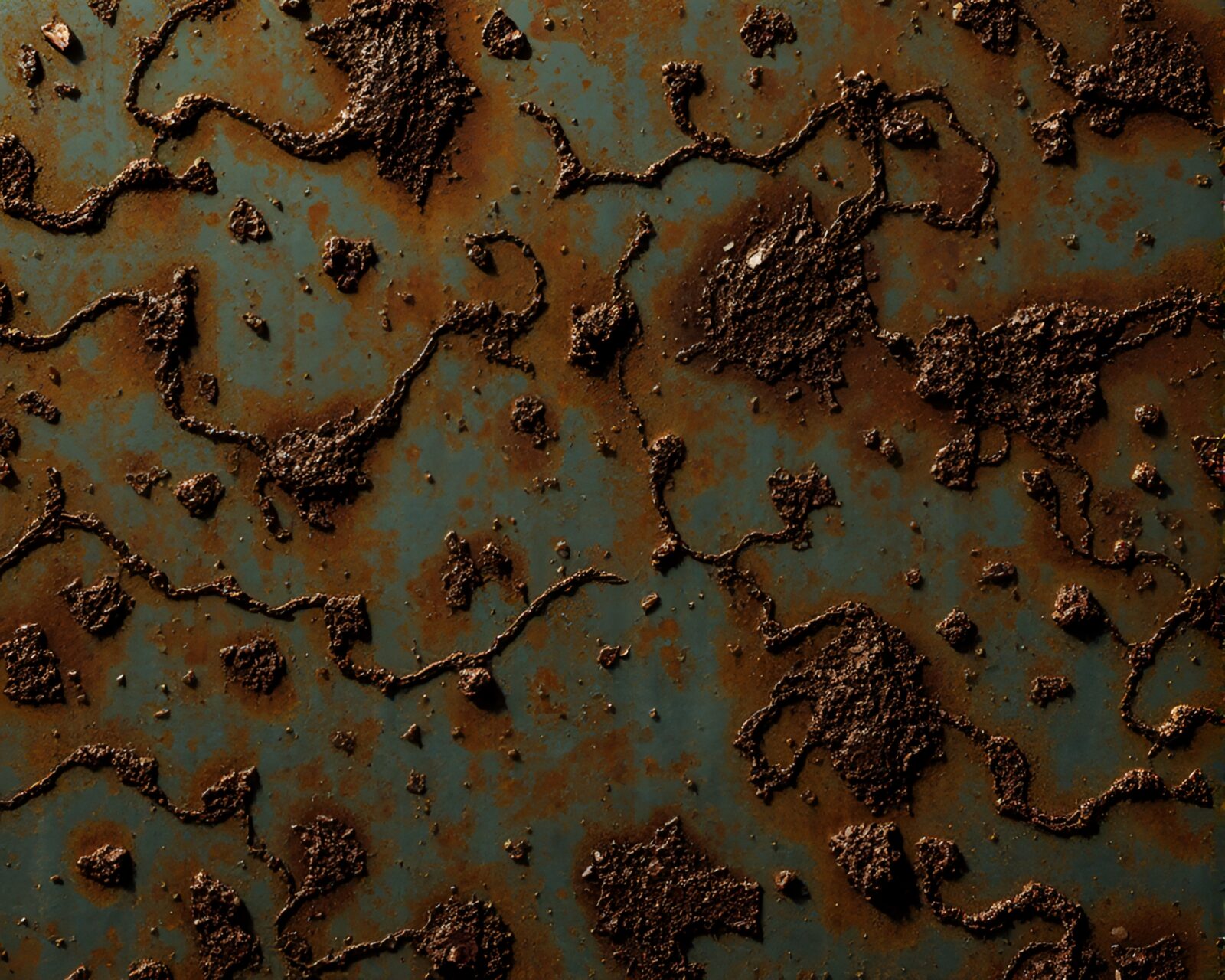 Maximalist design with rust flakes on submarine under hard shadows