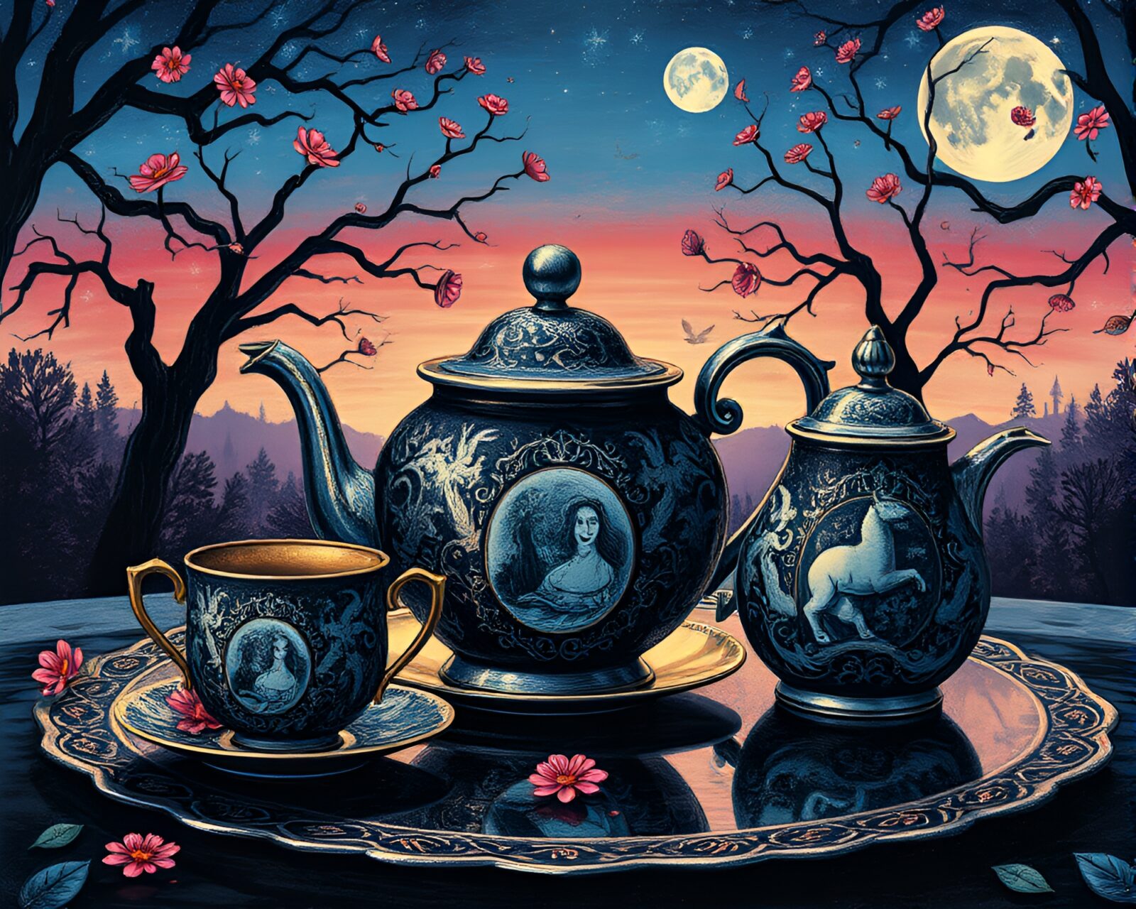 Magical Alice in Wonderland tea set in polar twilight