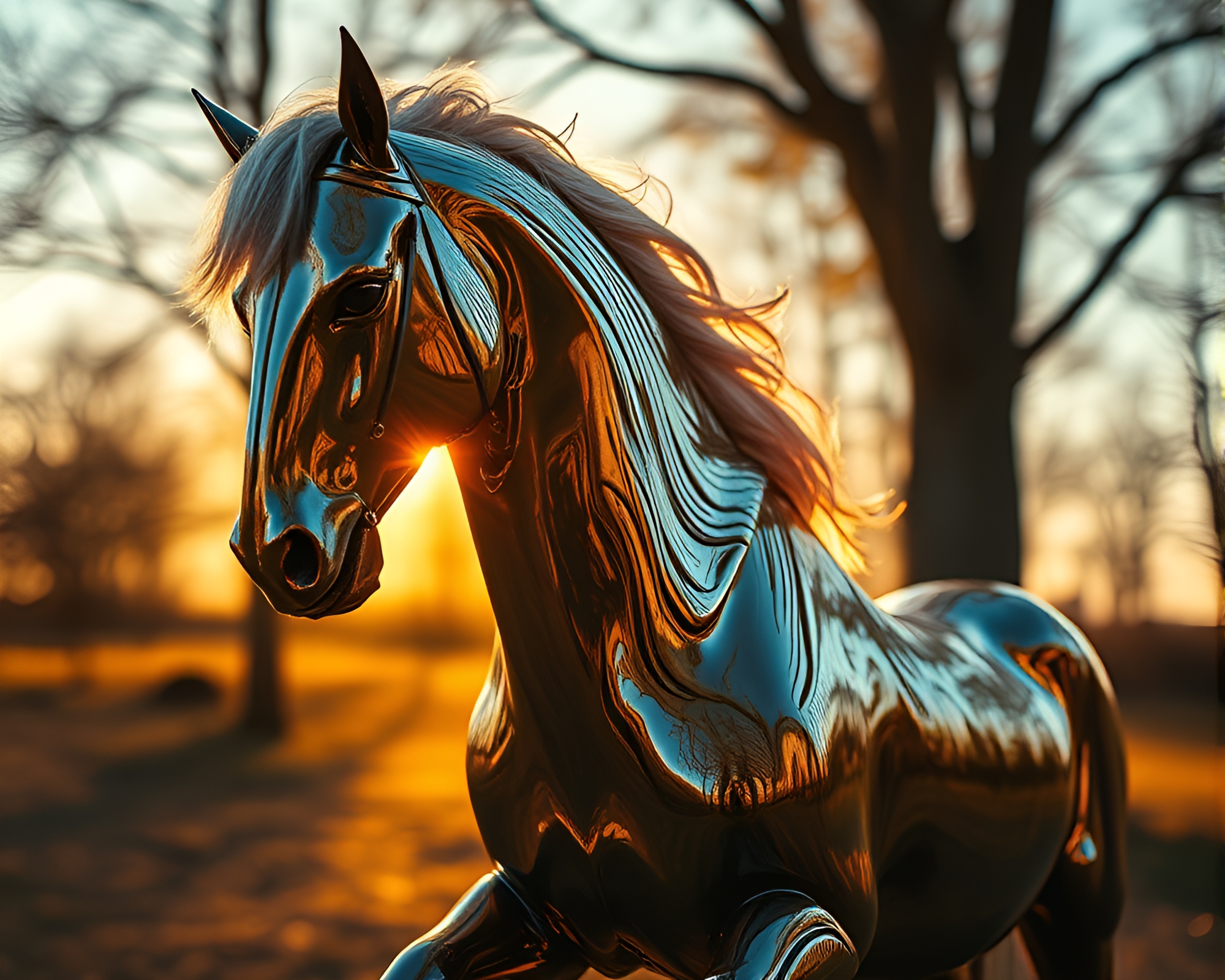 Chrome Reflection Centaur Amid Warm Afternoon Motion Blur – free AI stock image