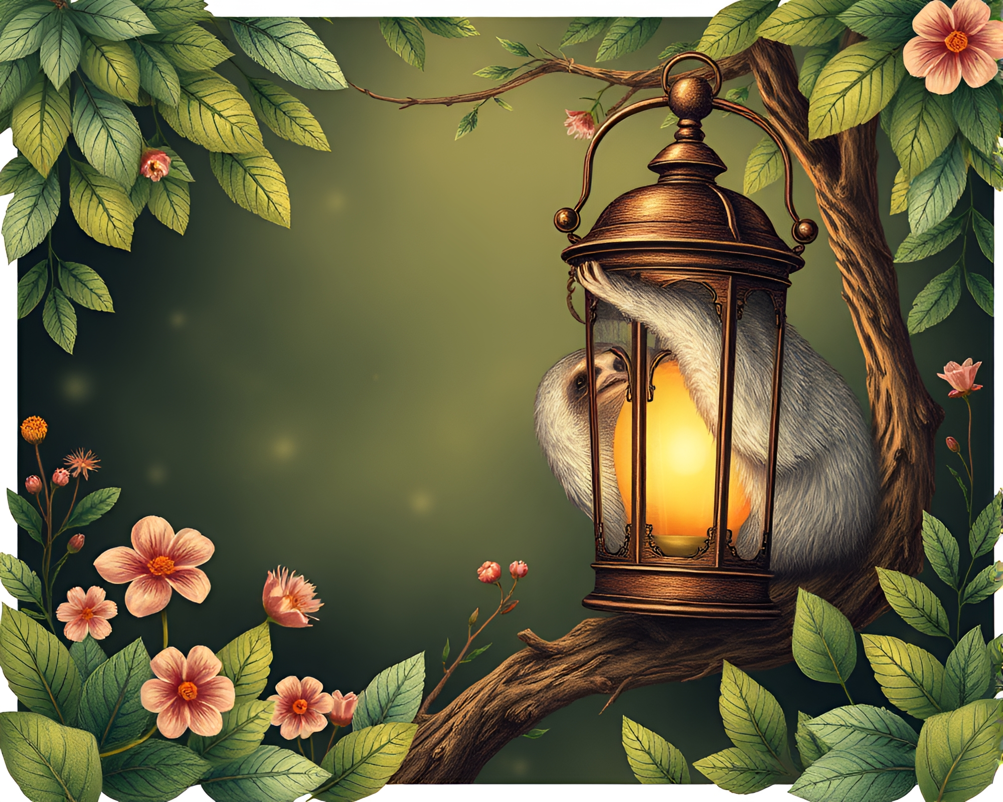 Serene Sloth in Botanical Vignette Lantern Glow – free AI stock image