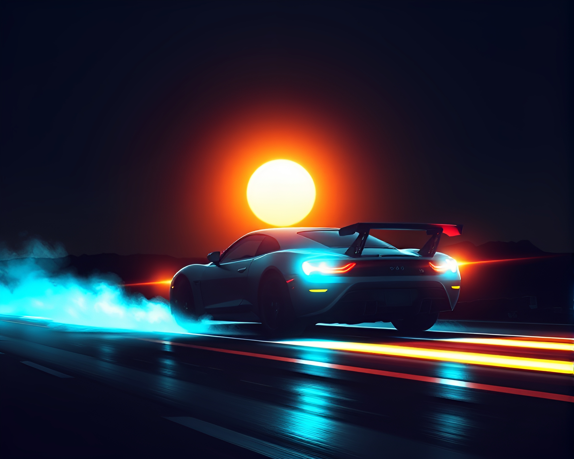 Sun Glare Flying Car Silhouette Illustration – free AI stock image