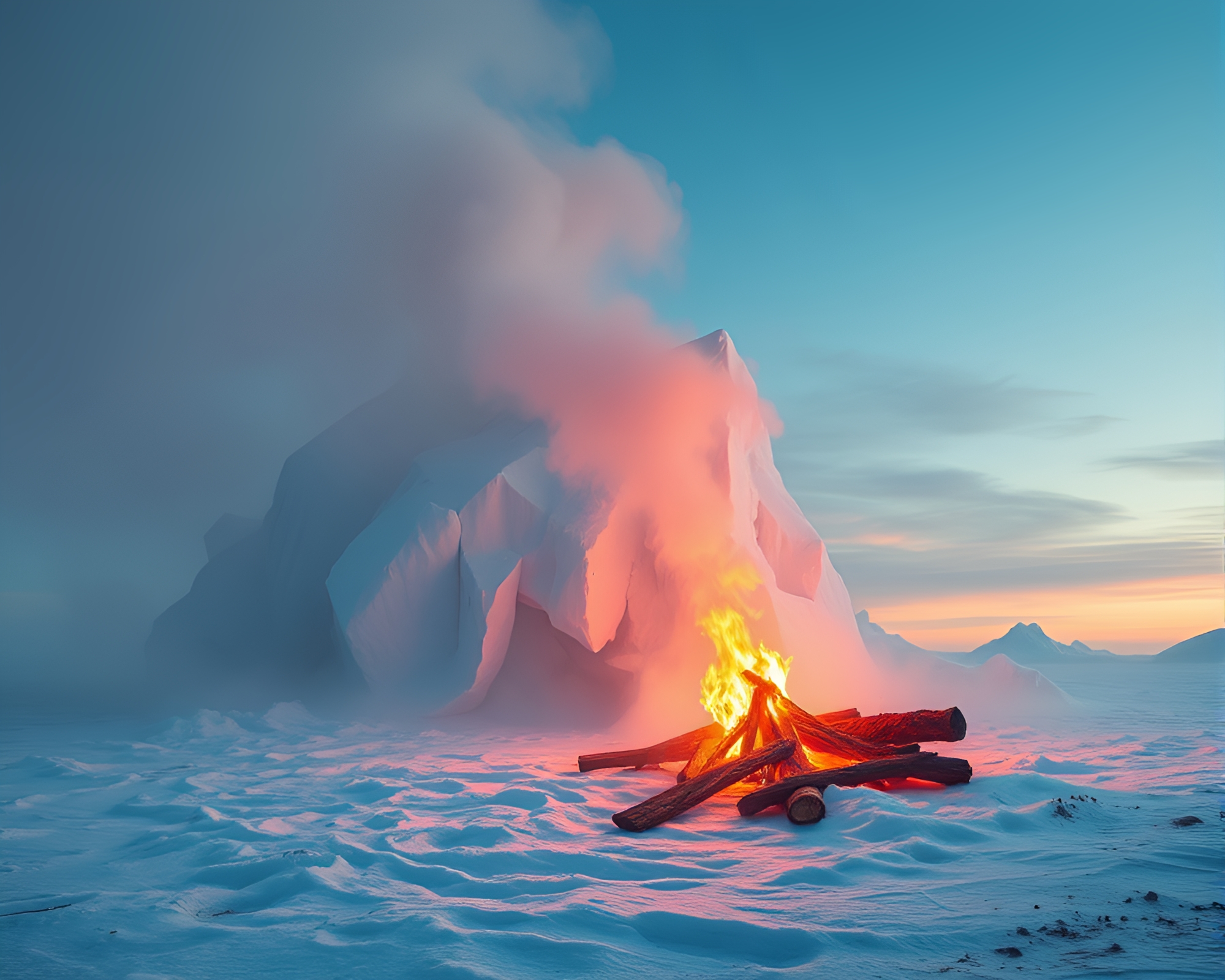 Arctic Iceberg Bonfire: Skeuomorphic Design Dust Overlay – free AI stock image