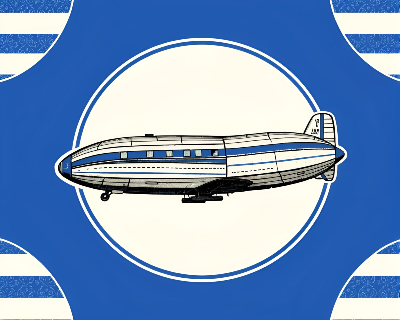 Illustration of a majestic zeppelin in cobalt blue tones