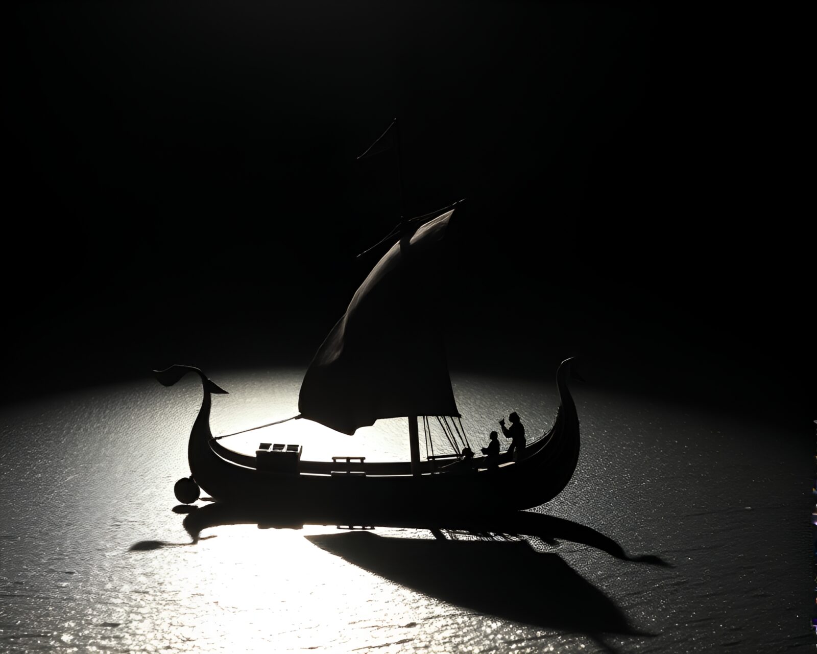 Shadowy Viking ship in colorful prism light refractions