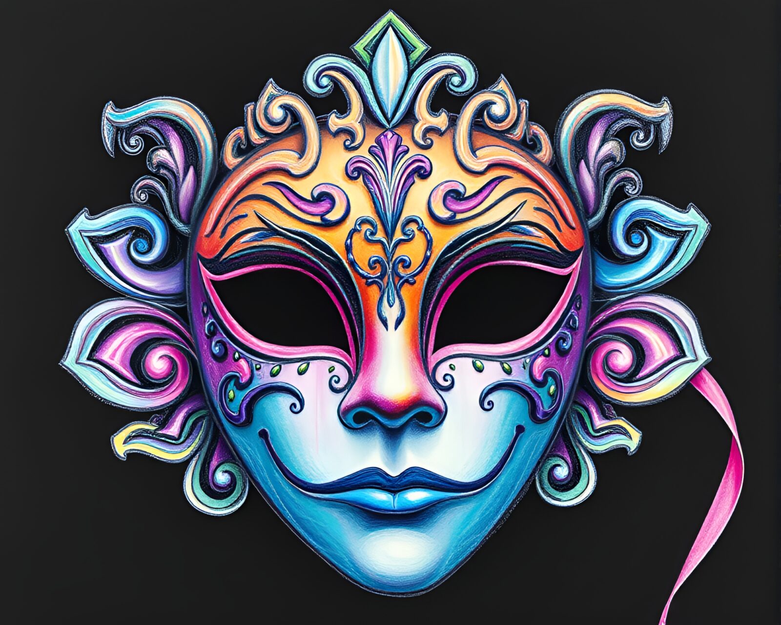 Colorful Venetian mask drawing with washed-out hues
