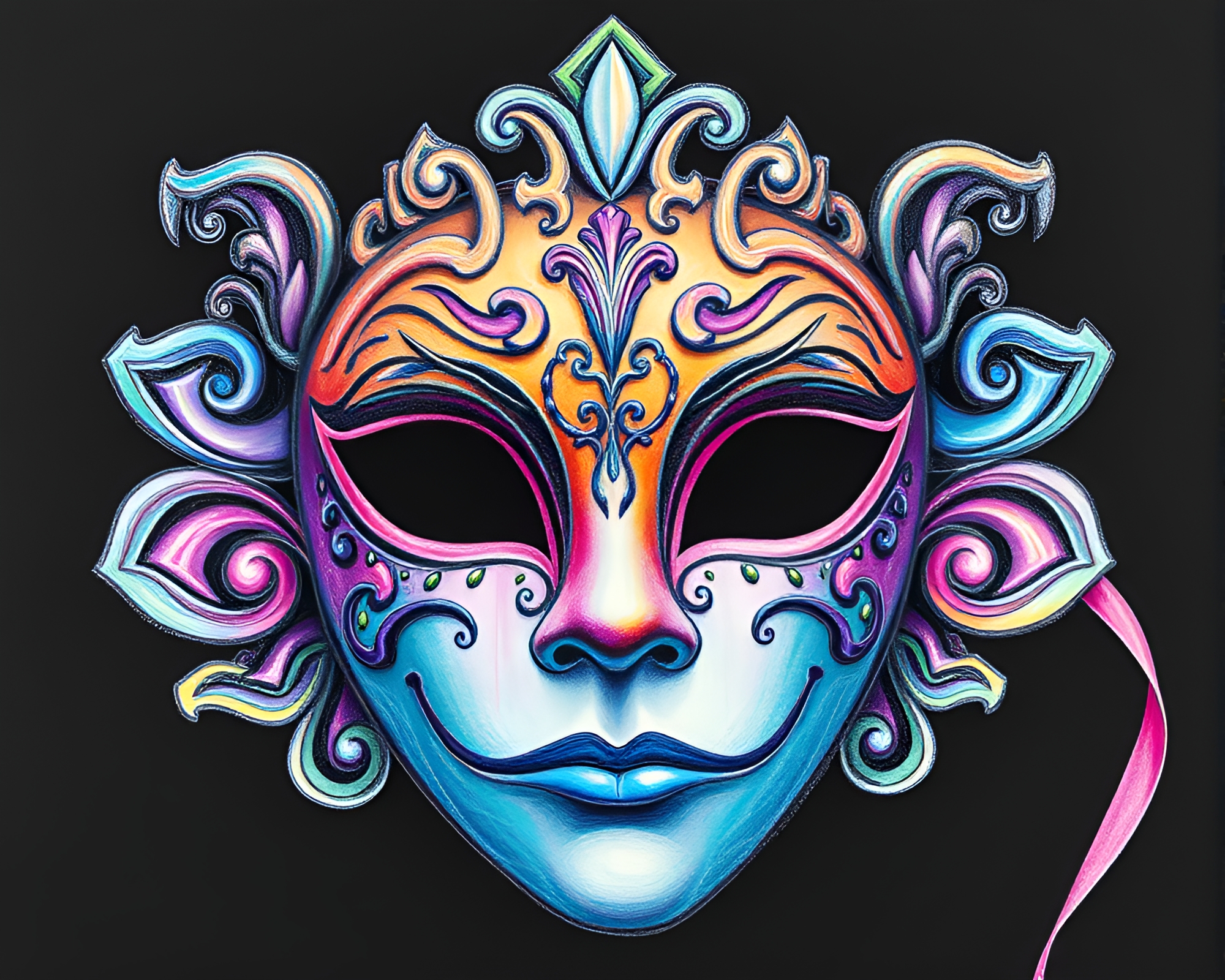 Vibrant Venetian Mask in Conté Crayon Art Style – free AI stock image