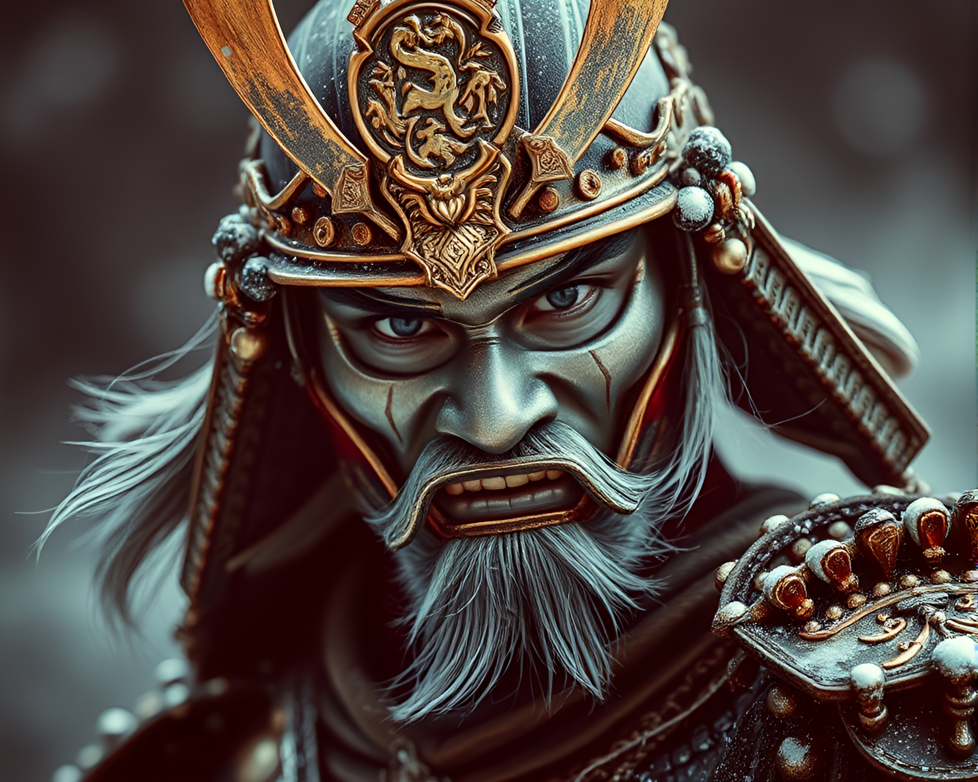 Samurai Warrior with Gilded Highlights in Sepia Tone – free AI stock image