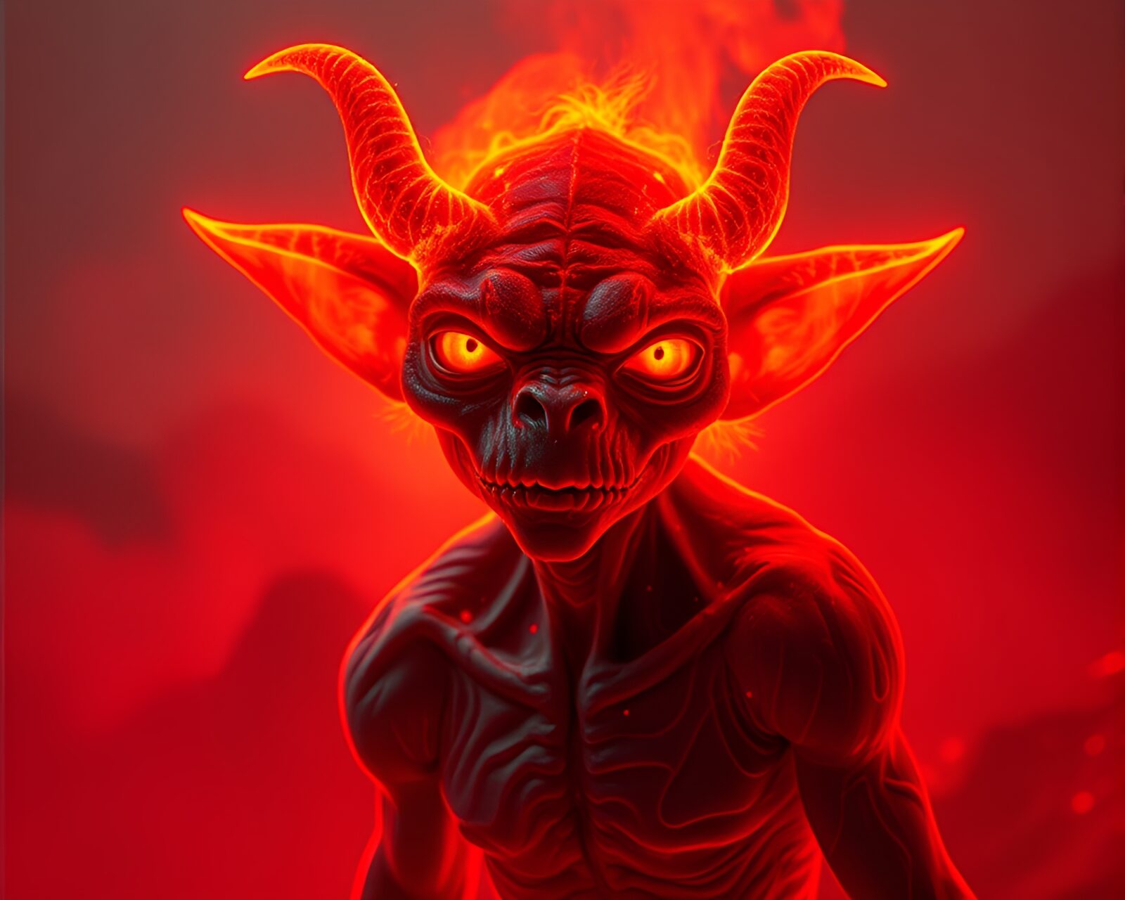 Goblin figure surrounded by volcanic-red glow in x-ray style