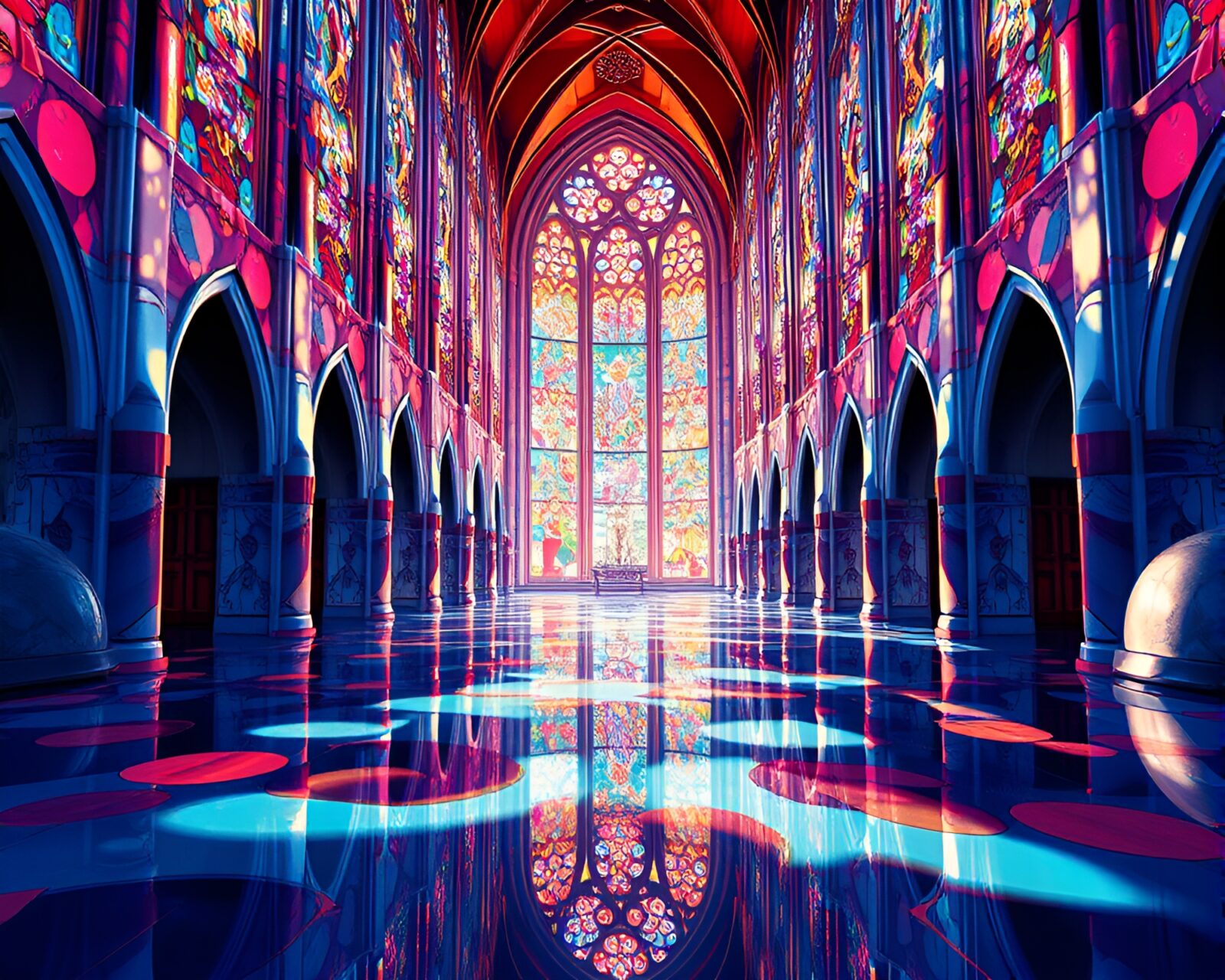 Glamorous fashion illustration featuring coral atoll under cathedral stained glass light reflecting off chrome surfaces