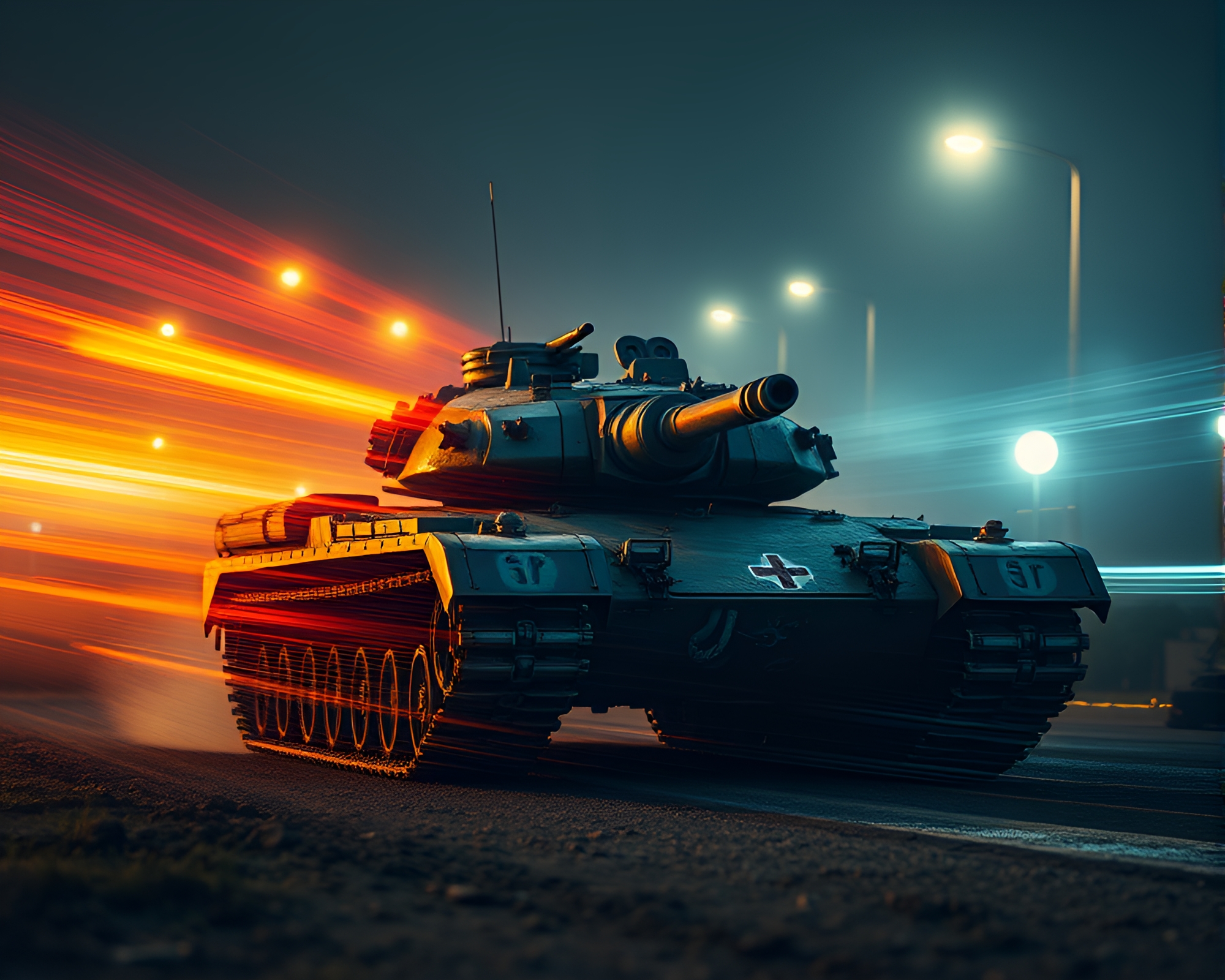 Ethereal Light Streaks Surround Armored Tank in Impasto Style – free AI stock image