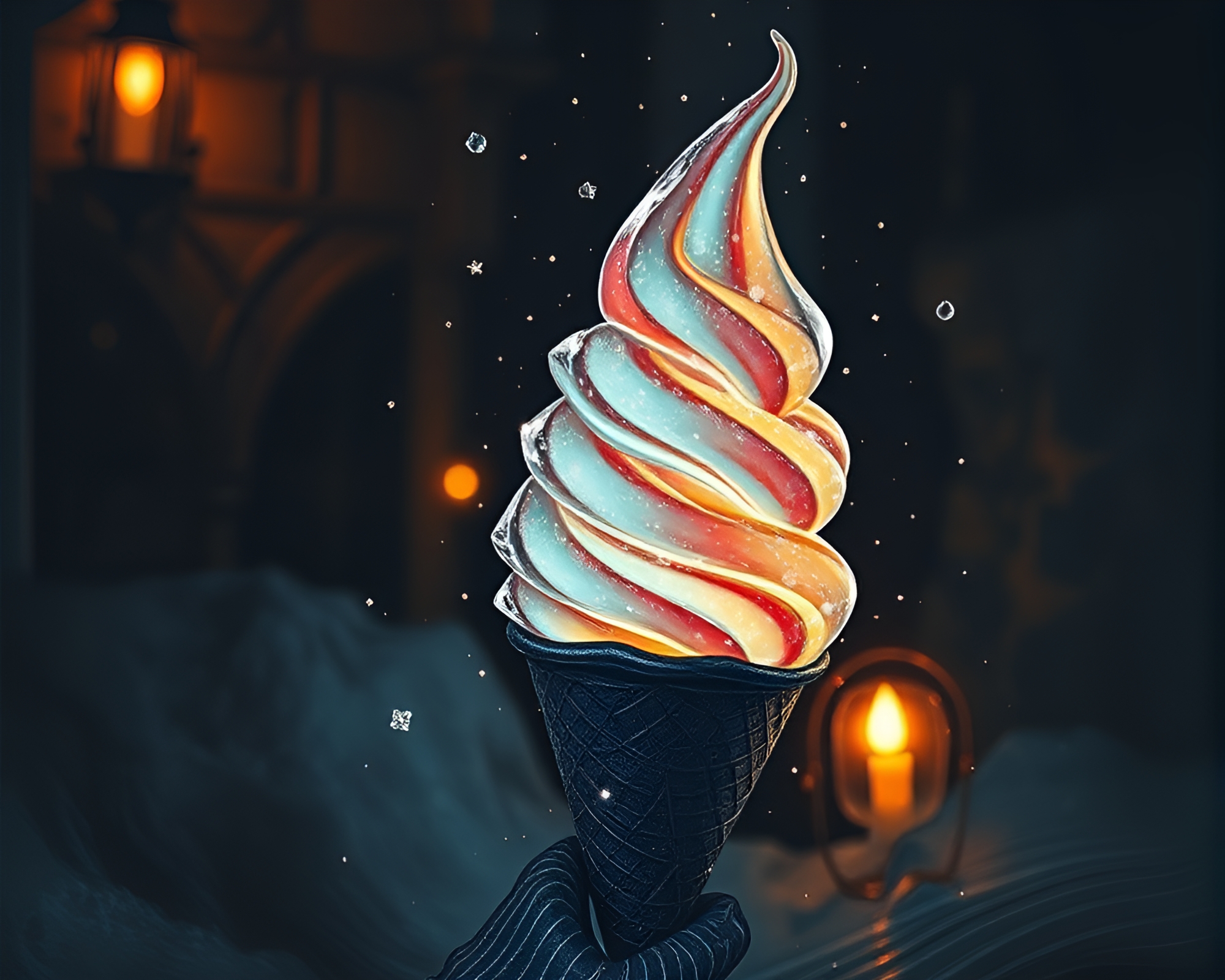 Mysterious Gelato Cone Illuminated by Dungeon Torchlight – free AI stock image