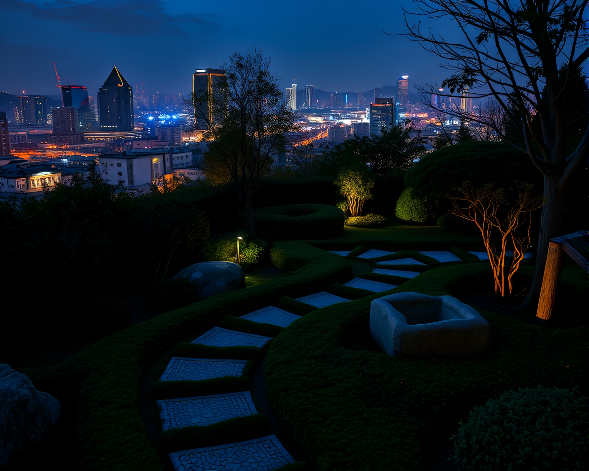 Zen Garden Oasis: Urban Night Serenity – free AI stock image