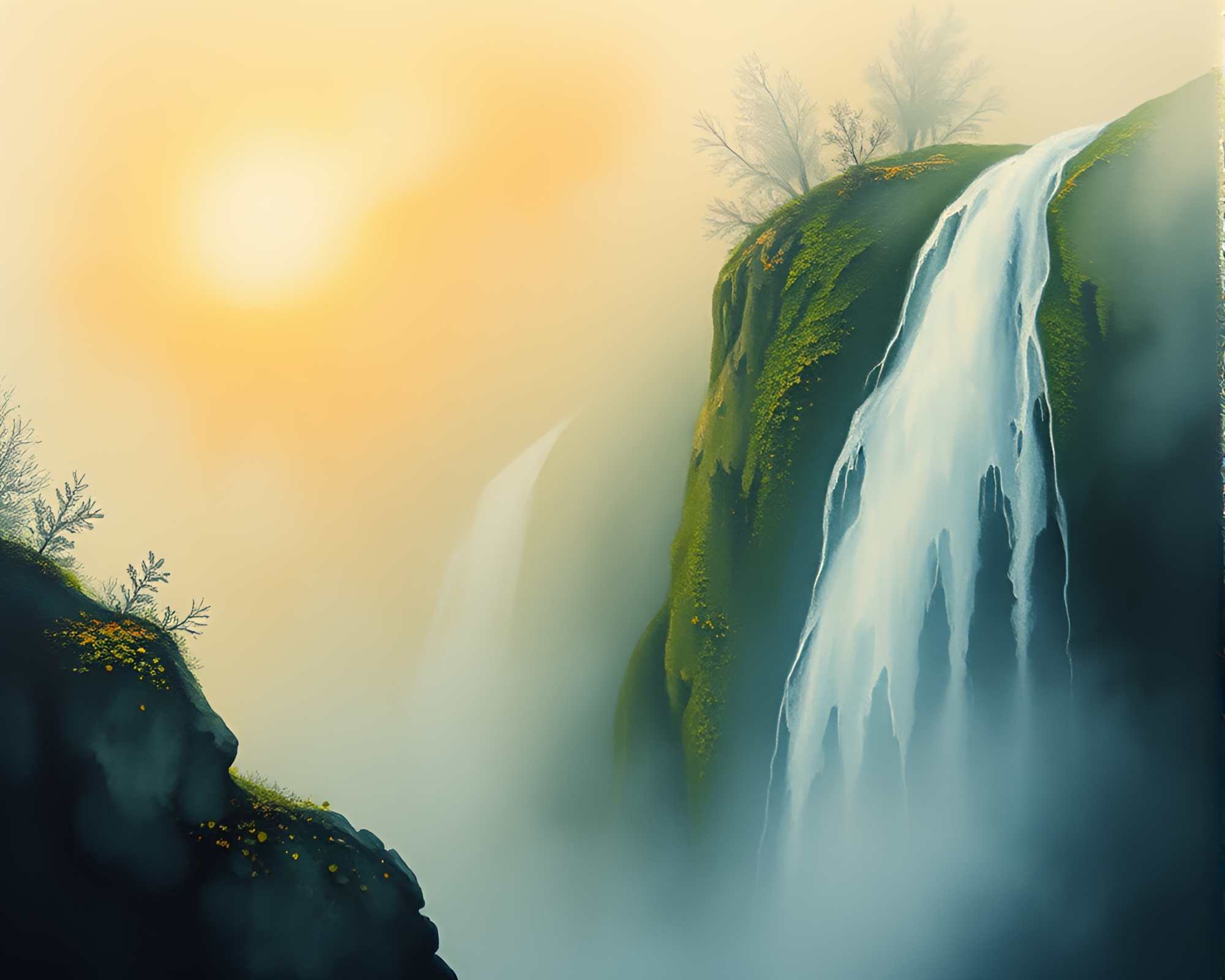 Lichen-Textured Waterfall at Dawn Mist – free AI stock image