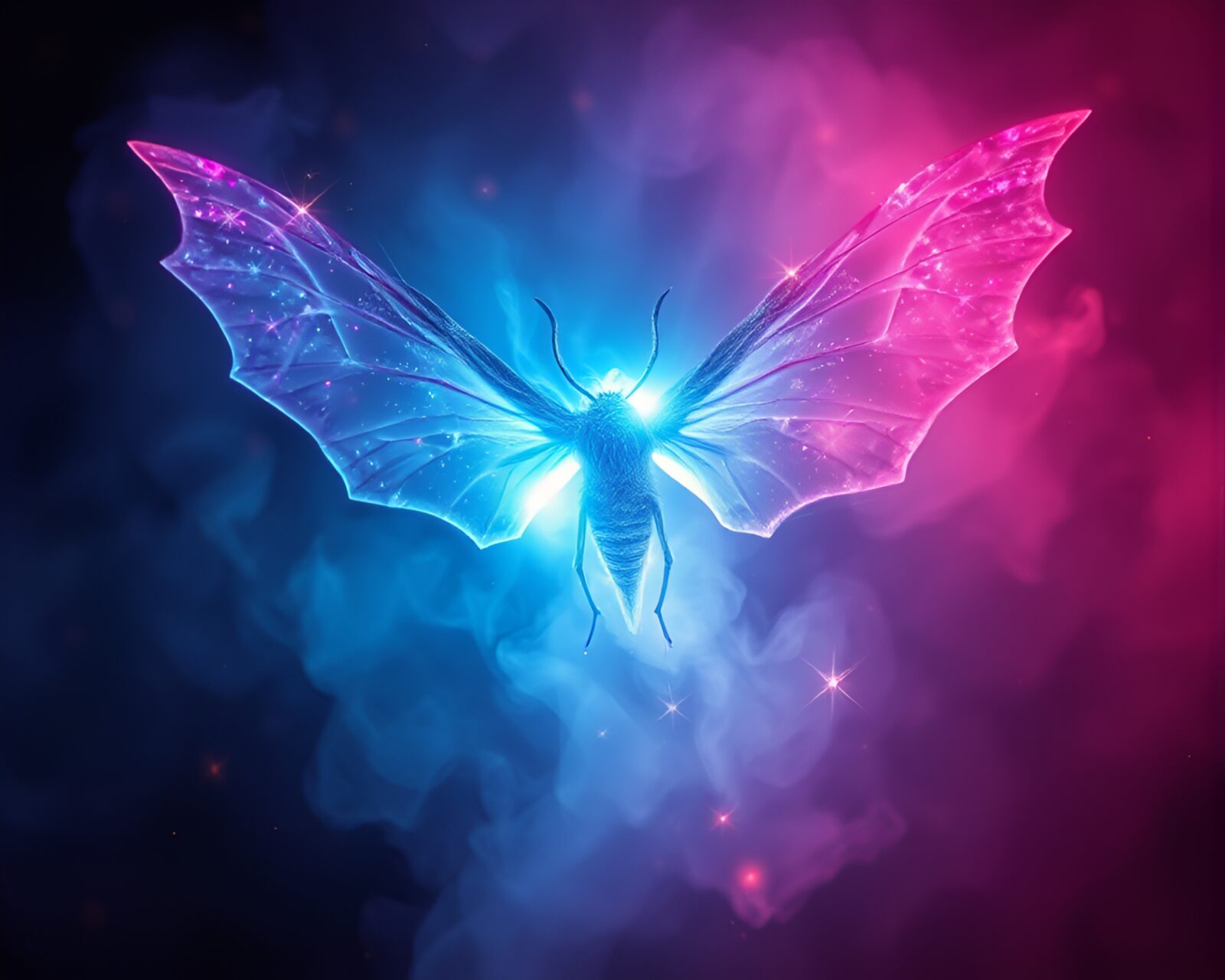 Enchanting moth surrounded by ethereal dust and glowing aura