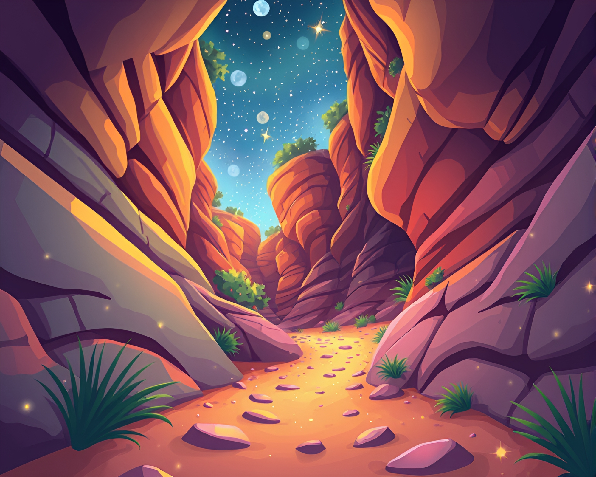 Fantasy Canyon Fairy Light Sparkle Cartoon Scene – free AI stock image